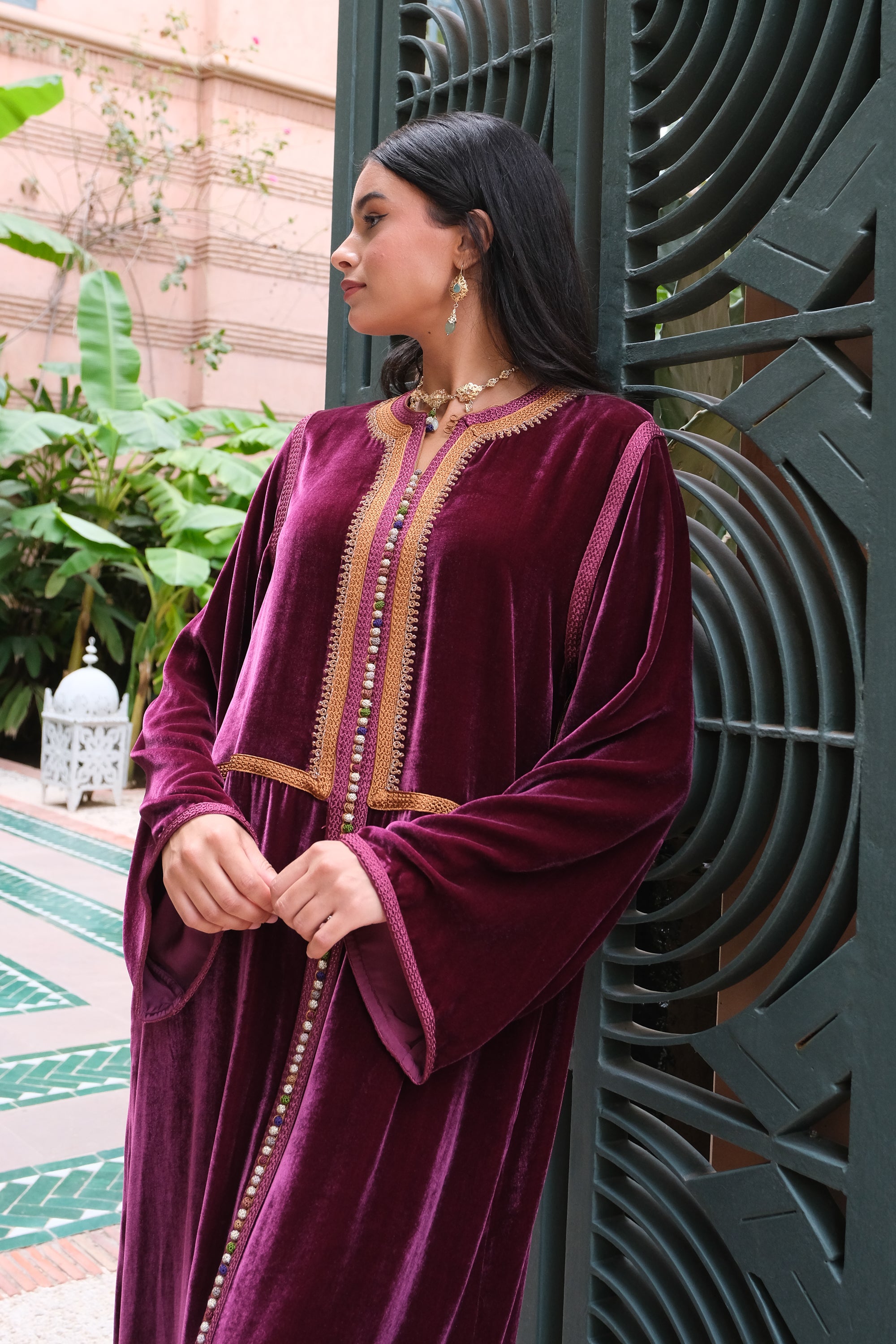 Aya Velvet Kaftan in Deep Plum with Embroidered Trompe-l’Œil Gilet