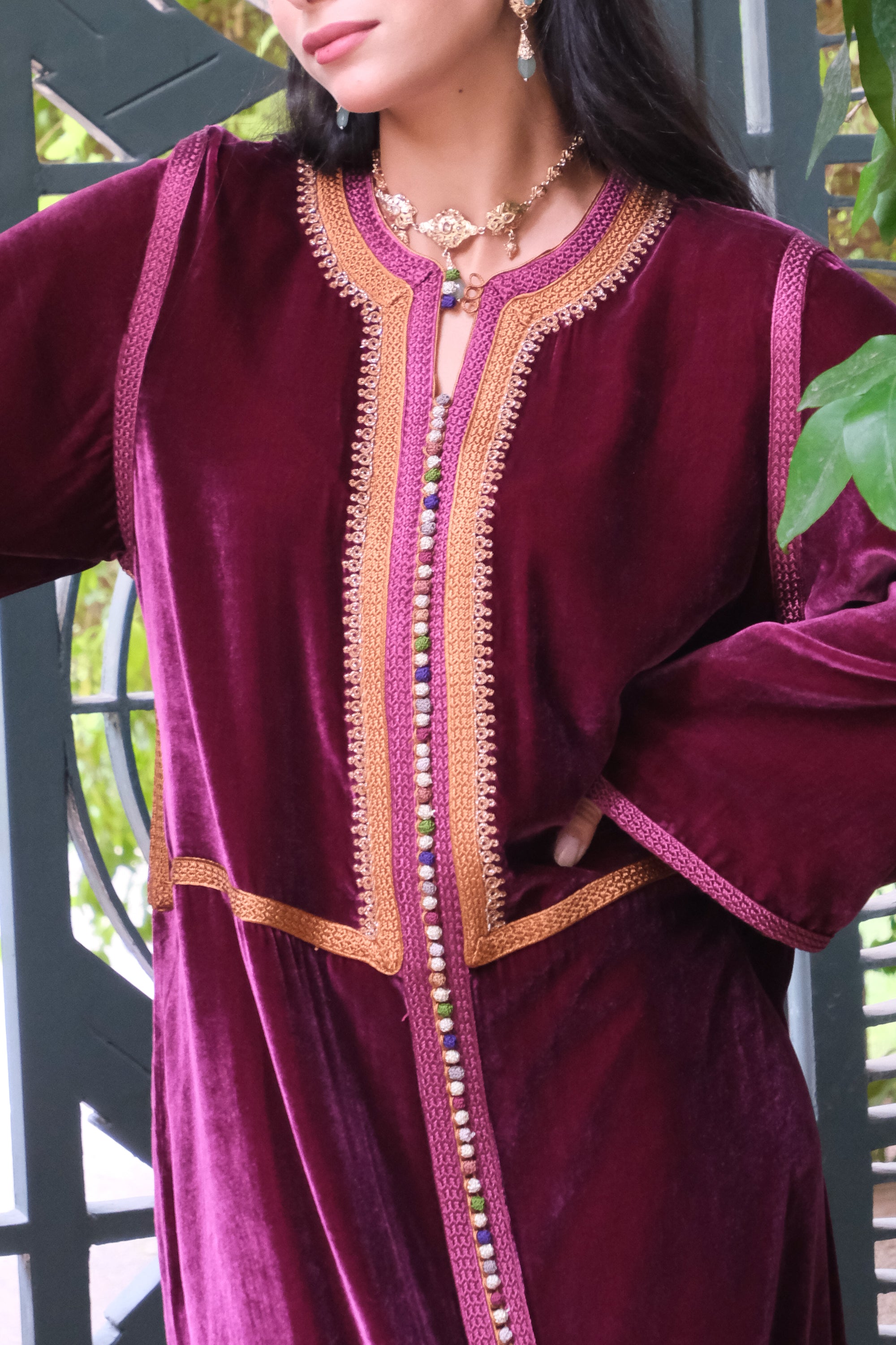 Aya Velvet Kaftan in Deep Plum with Embroidered Trompe-l’Œil Gilet