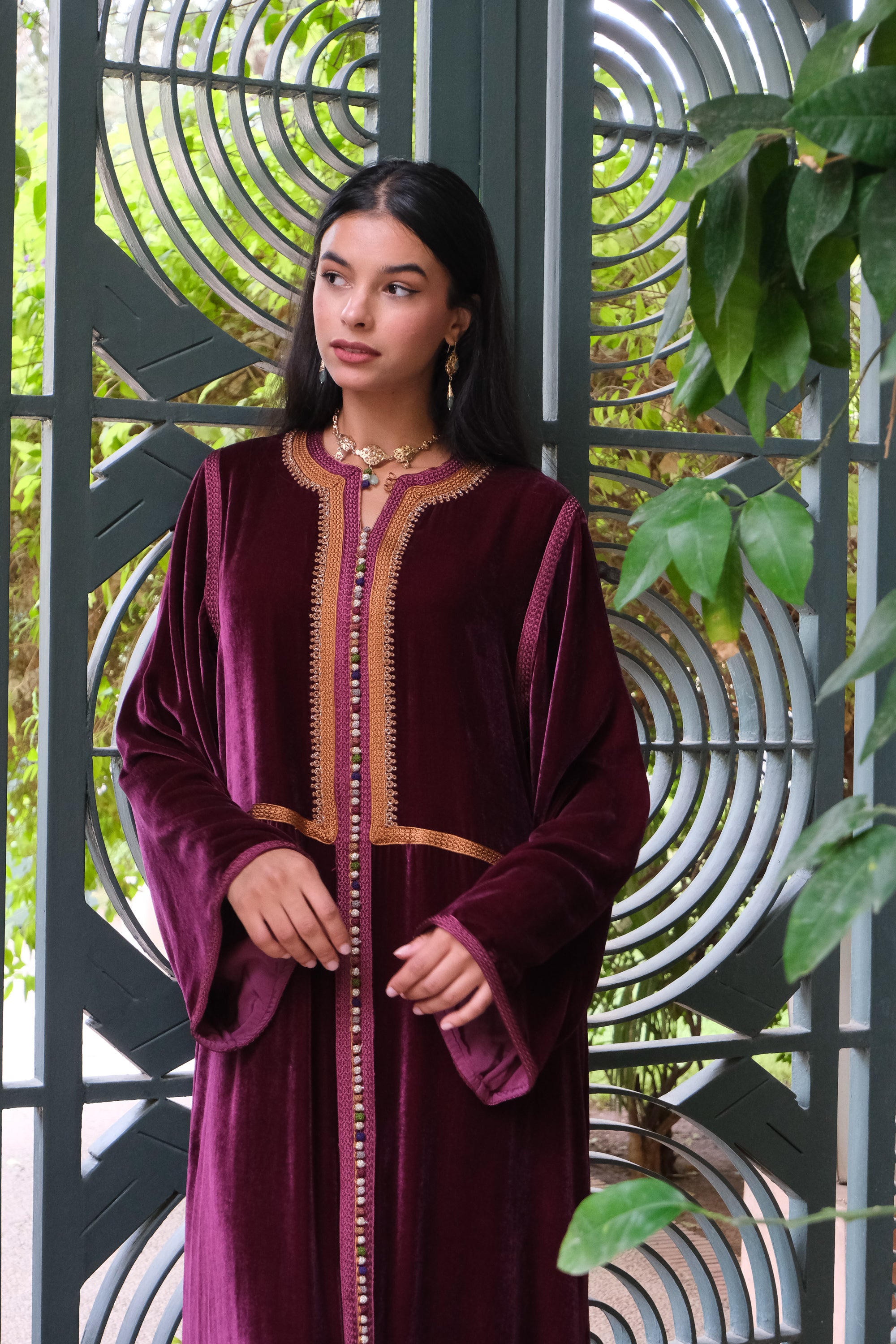 Aya Velvet Kaftan in Deep Plum with Embroidered Trompe-l’Œil Gilet