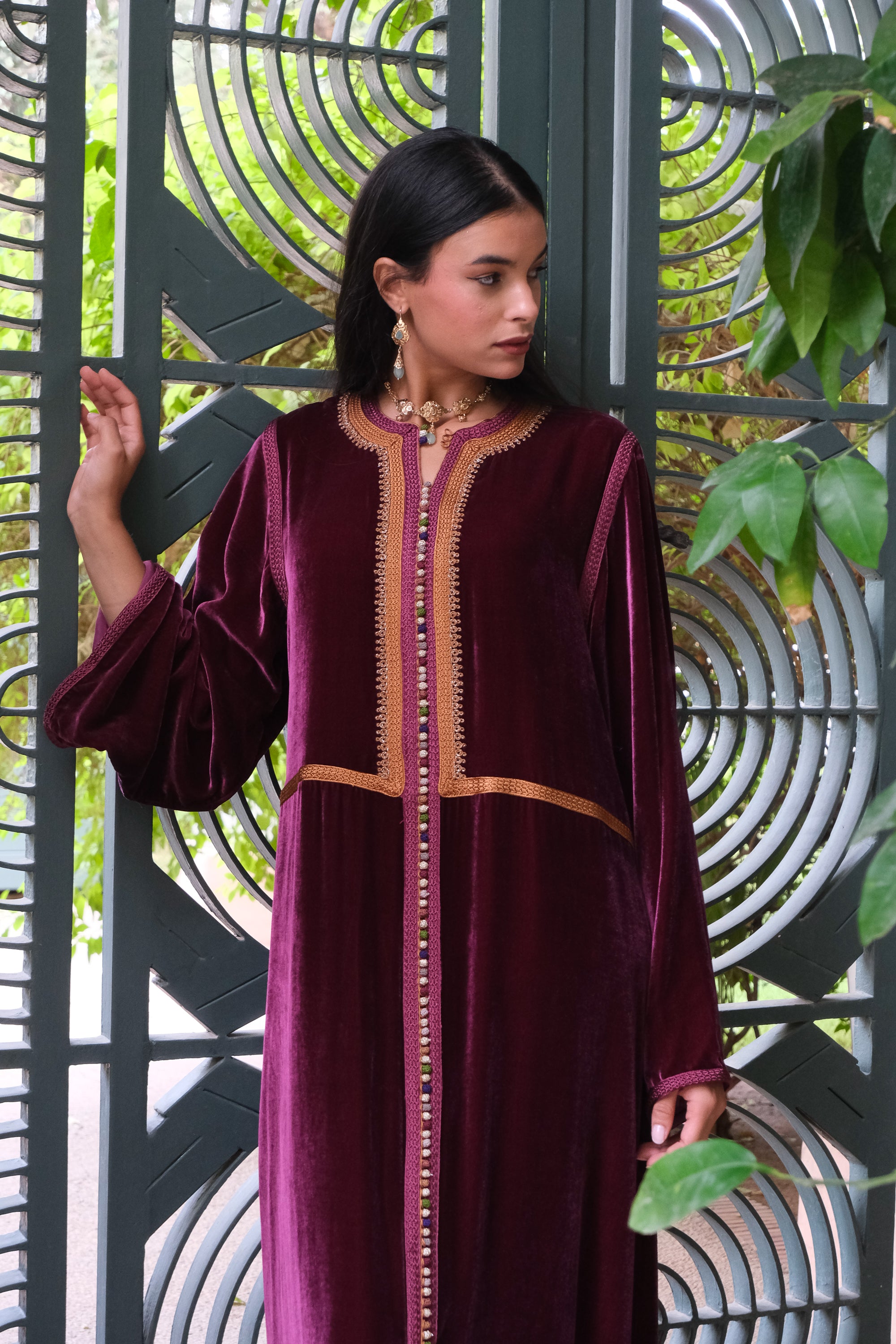 Aya Velvet Kaftan in Deep Plum with Embroidered Trompe-l’Œil Gilet