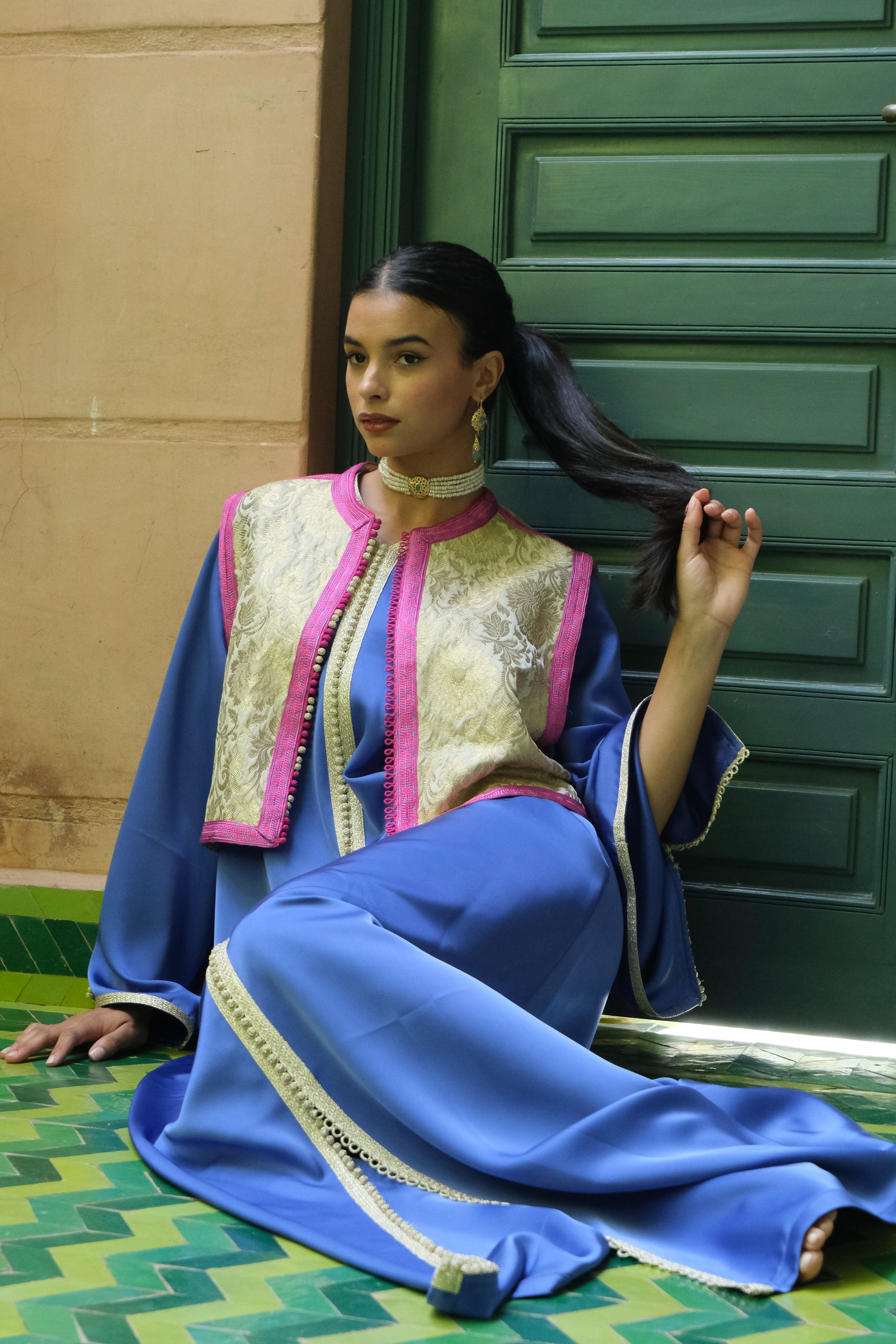 NAWAL SET : royal blue caftan with brocade embroidered vest