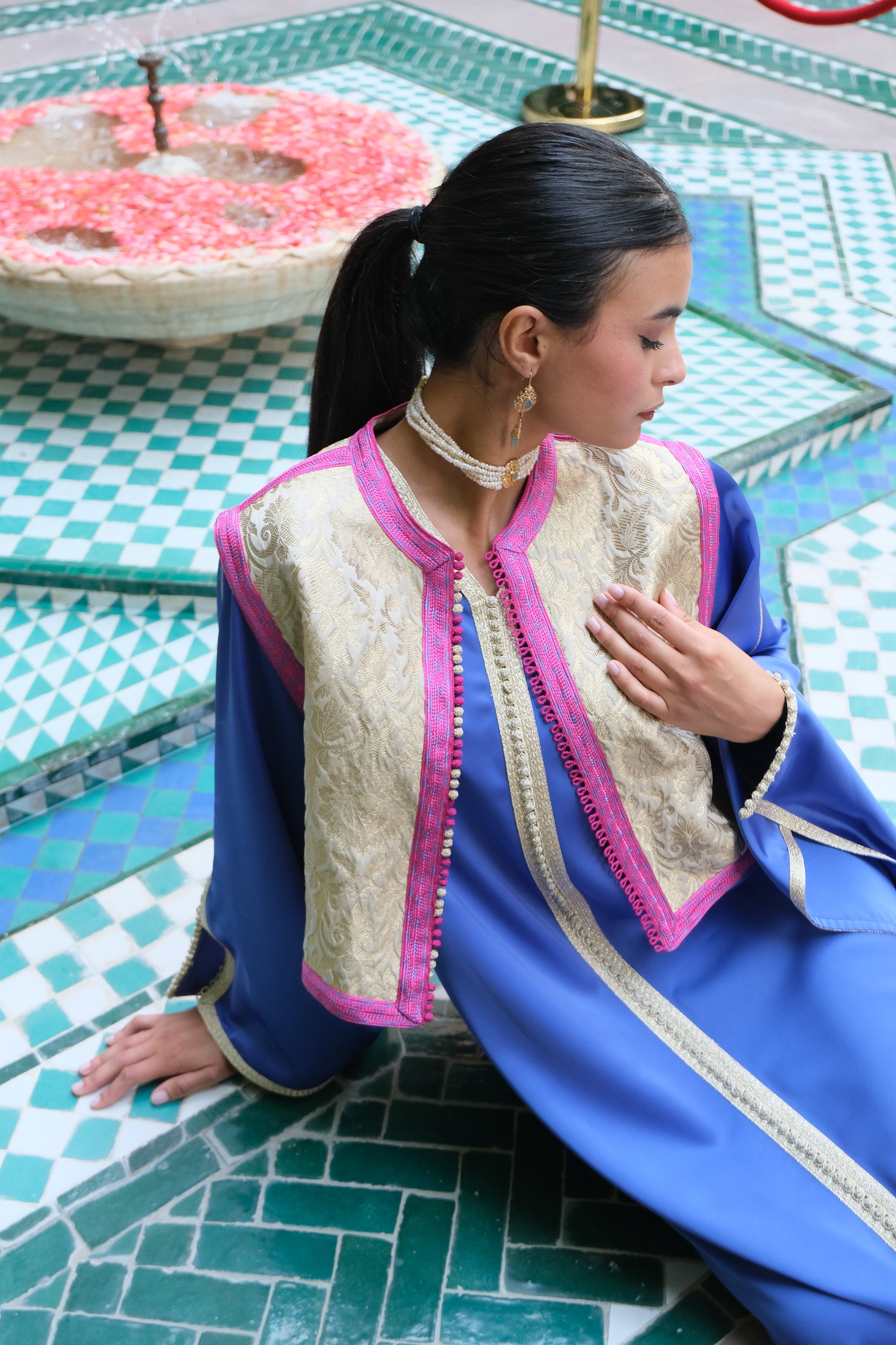 NAWAL SET : royal blue caftan with brocade embroidered vest