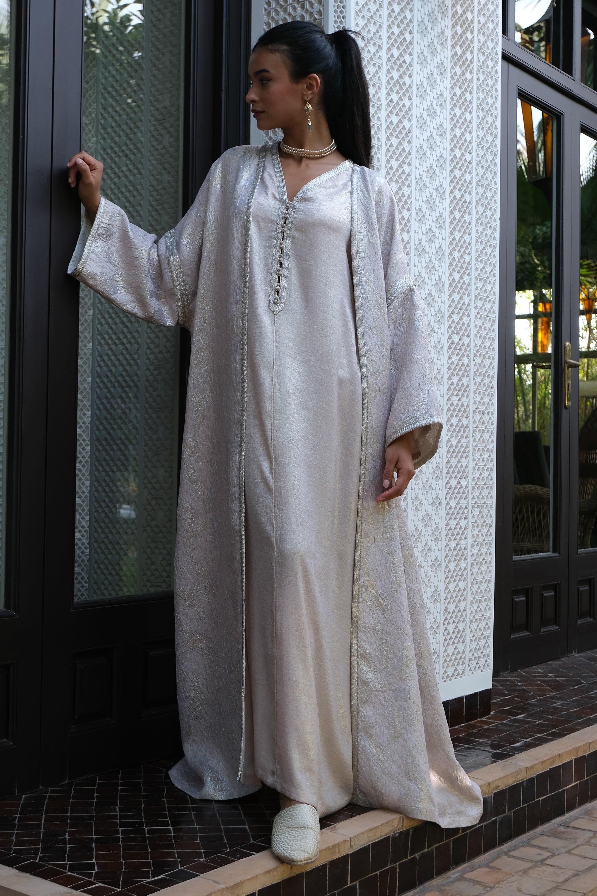 TASLIMA 2-Piece Silver Brocade Kaftan Set