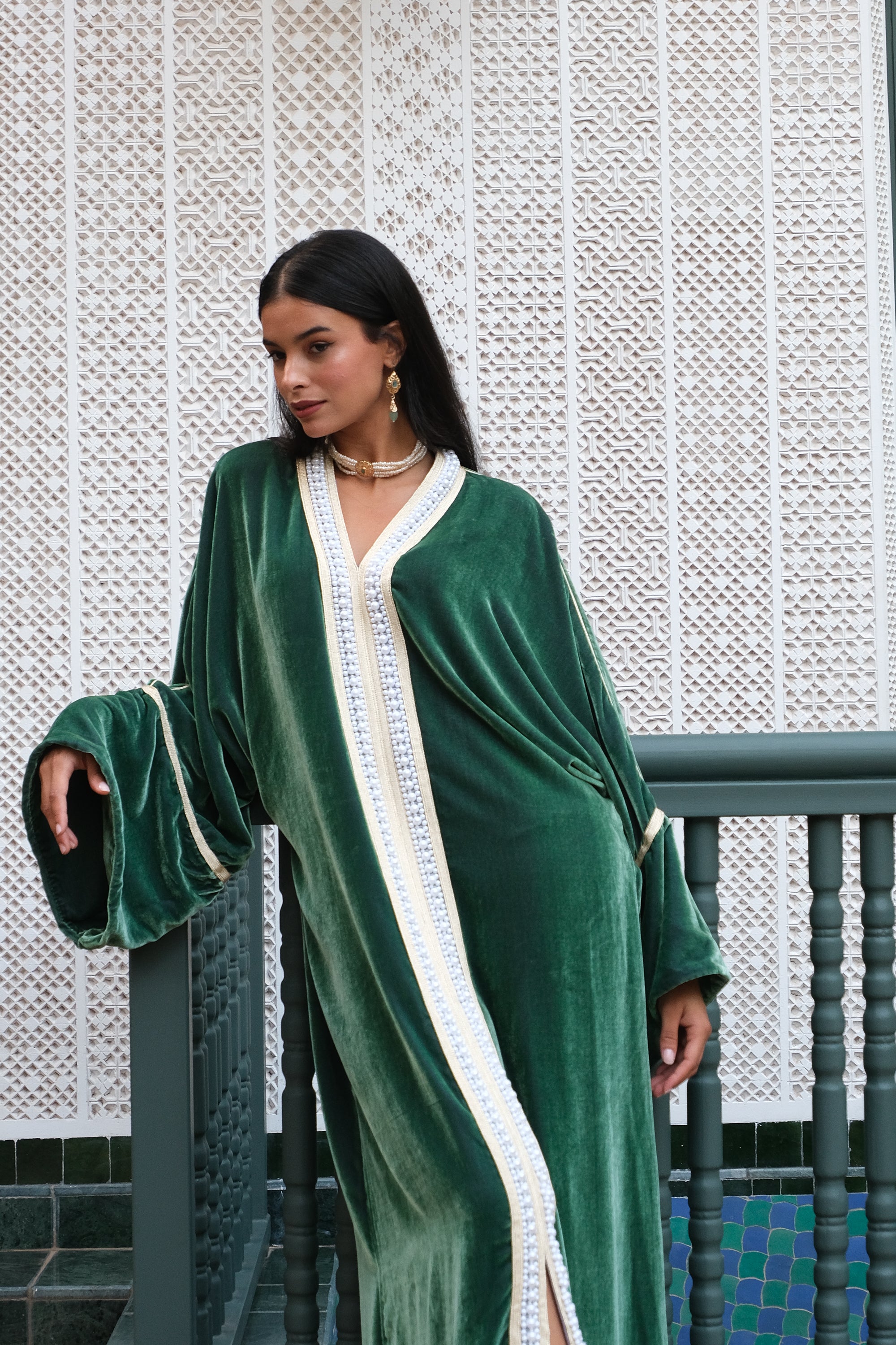 IMANEH VELVET KAFTAN WITH PEARLS