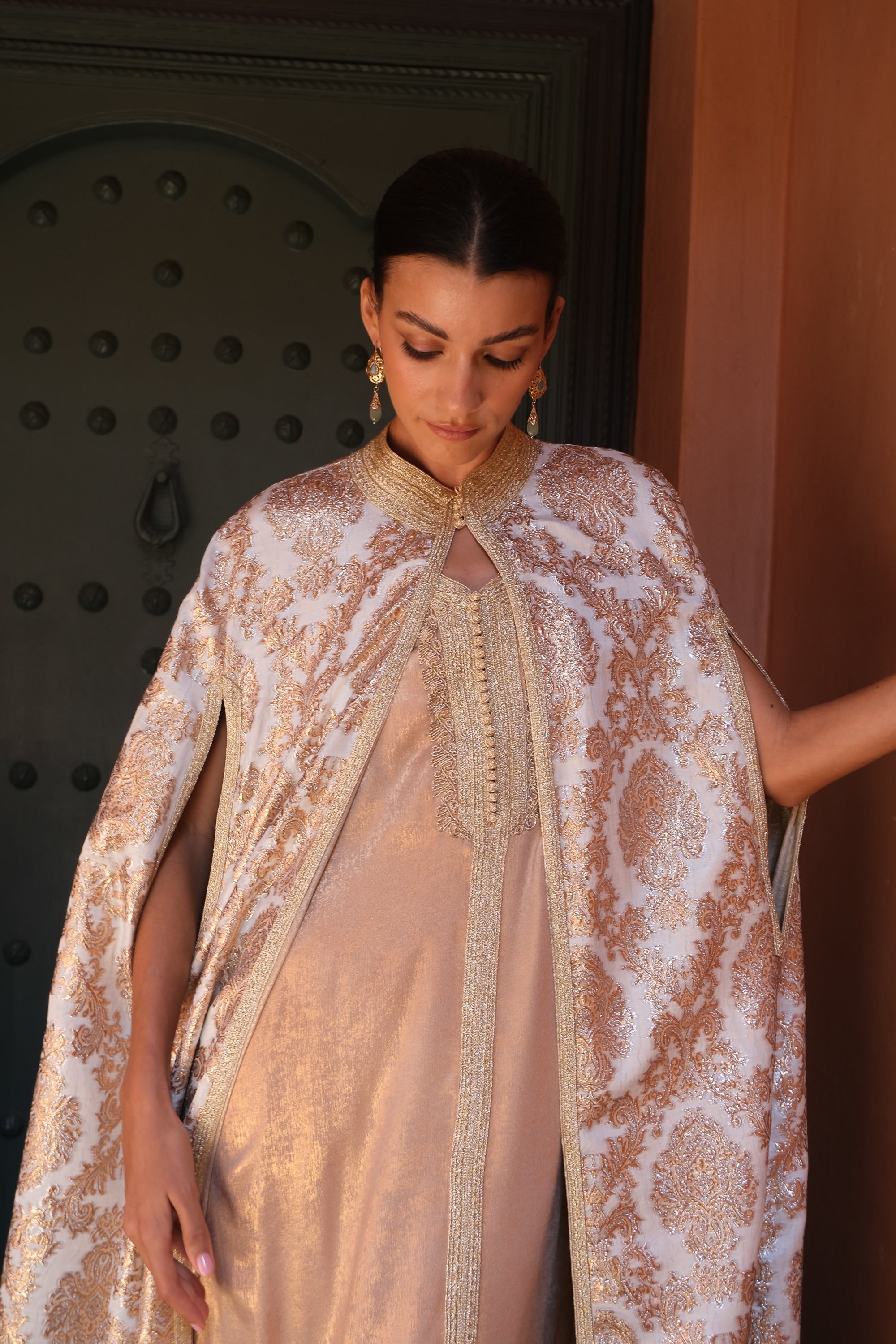 Dounia Two-Piece Silk Kaftan & Brocade Cape Set