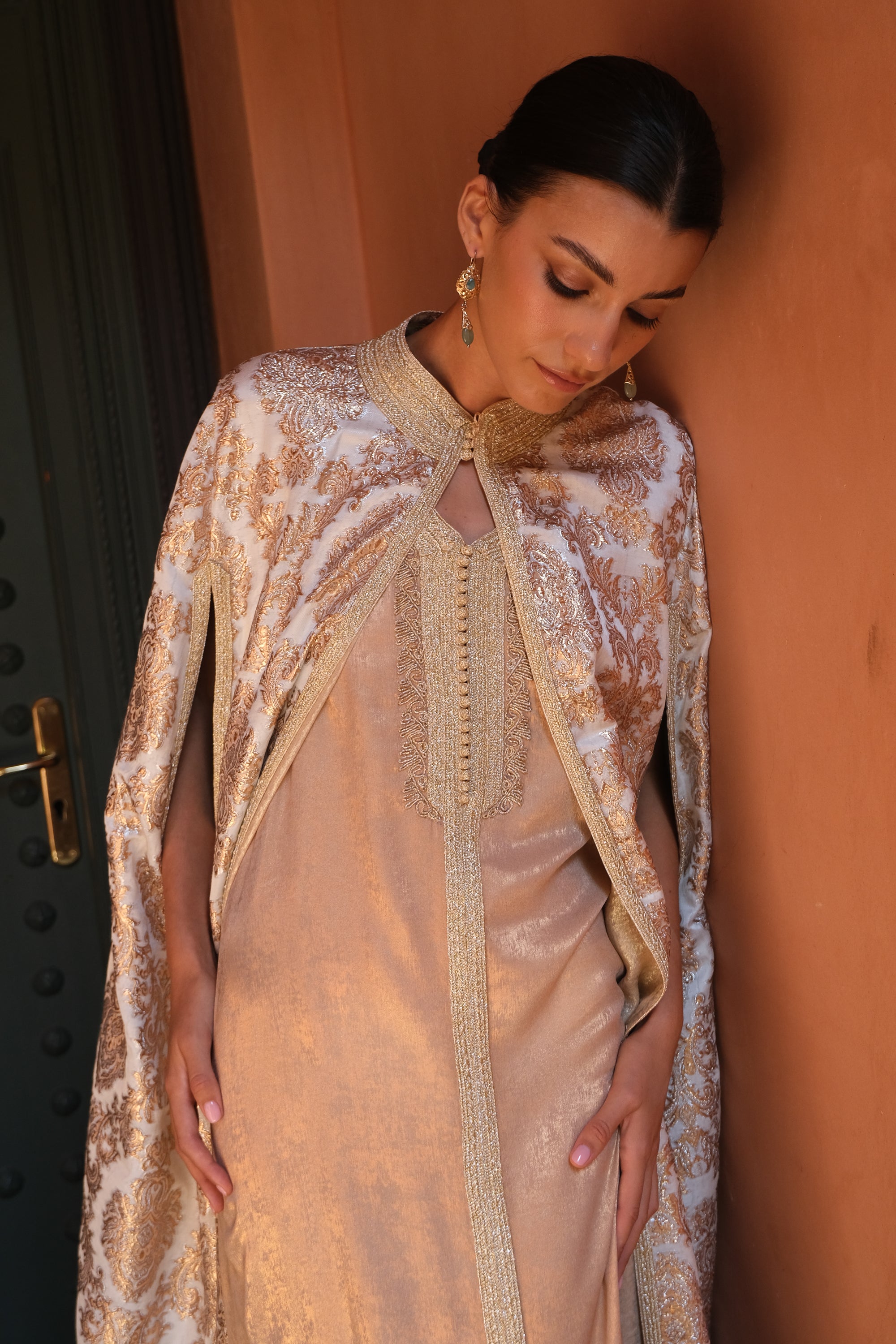 Dounia Two-Piece Silk Kaftan & Brocade Cape Set