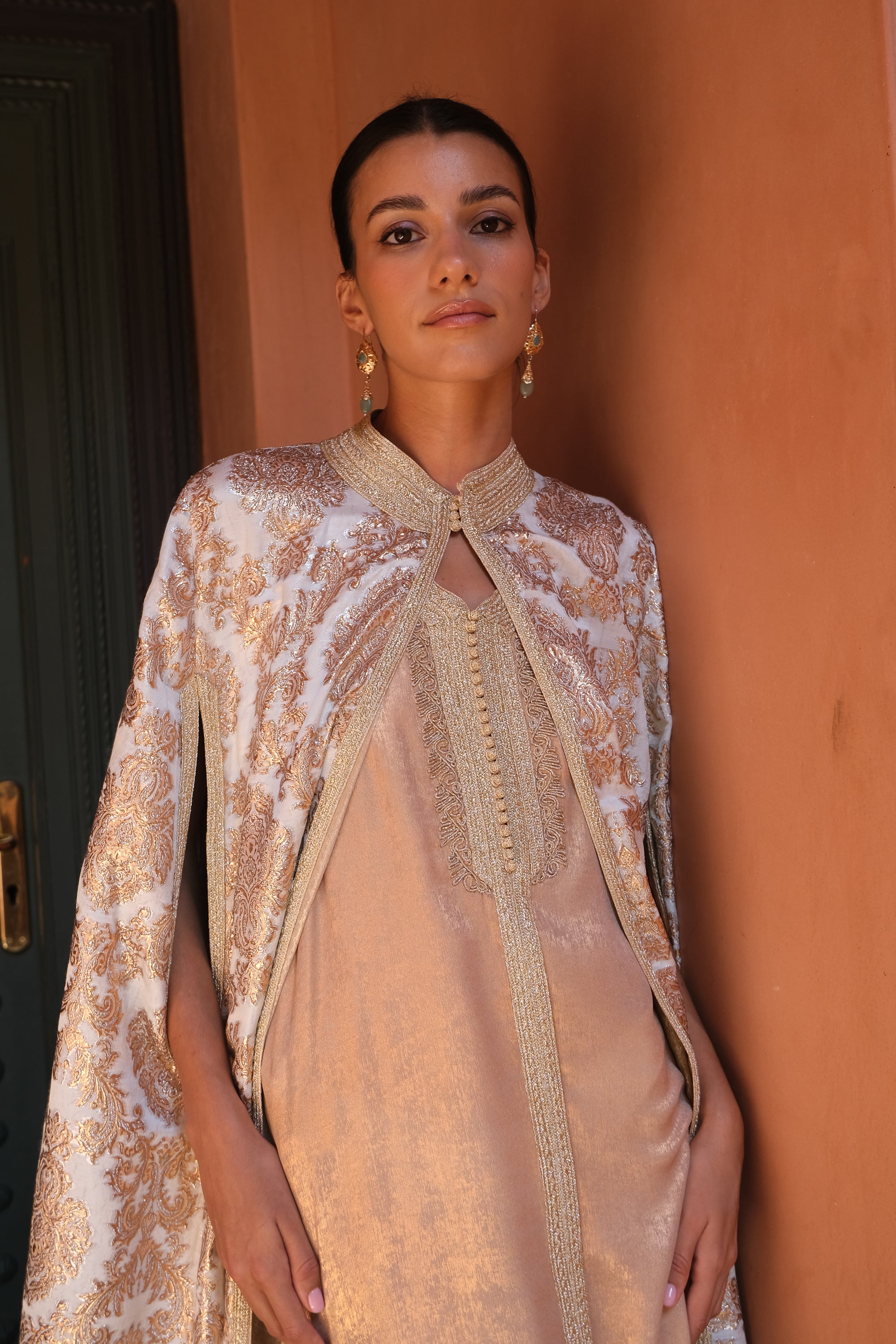Dounia Two-Piece Silk Kaftan & Brocade Cape Set