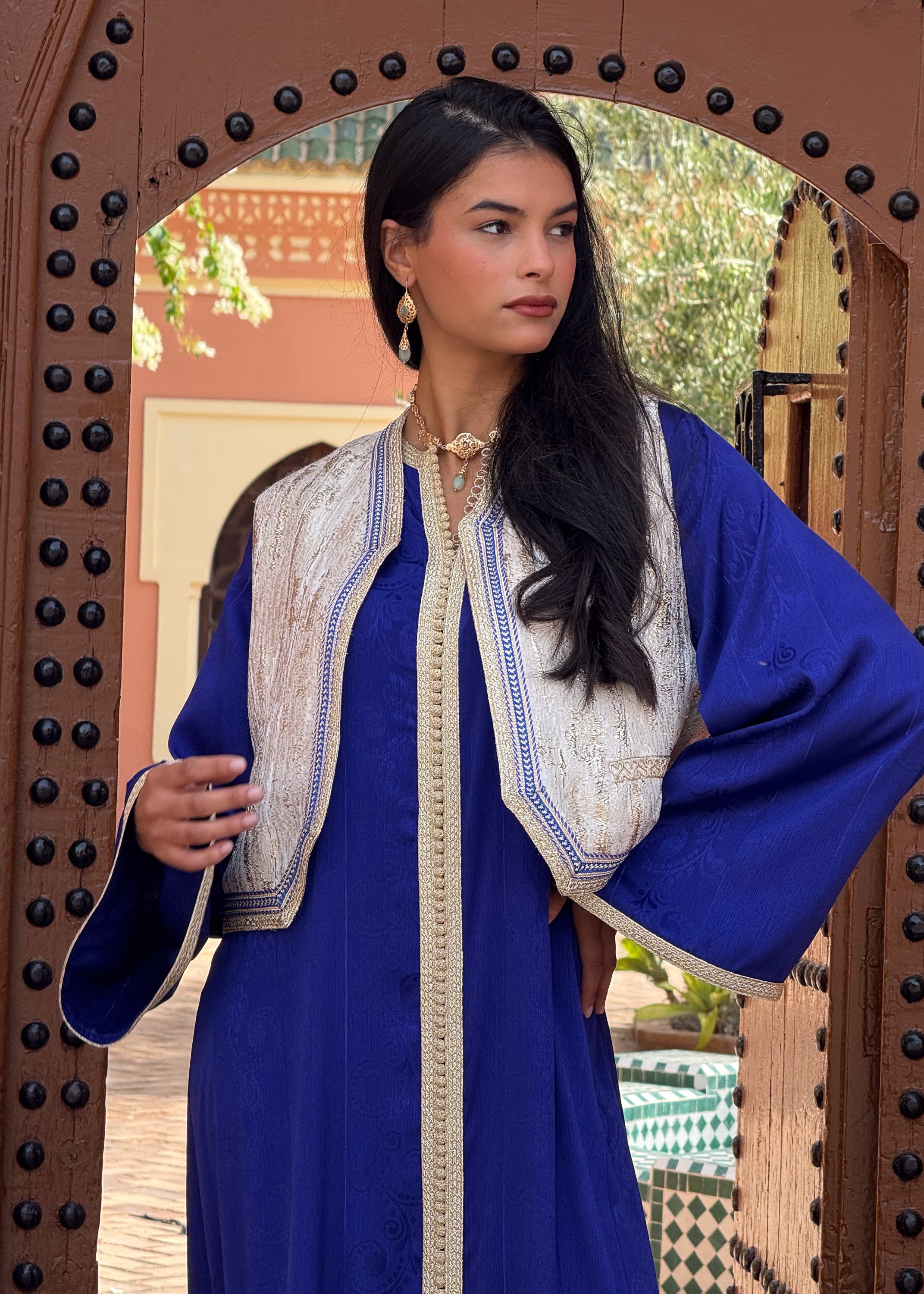 AFRAH SET : royal blue caftan with brocade embroidered vest