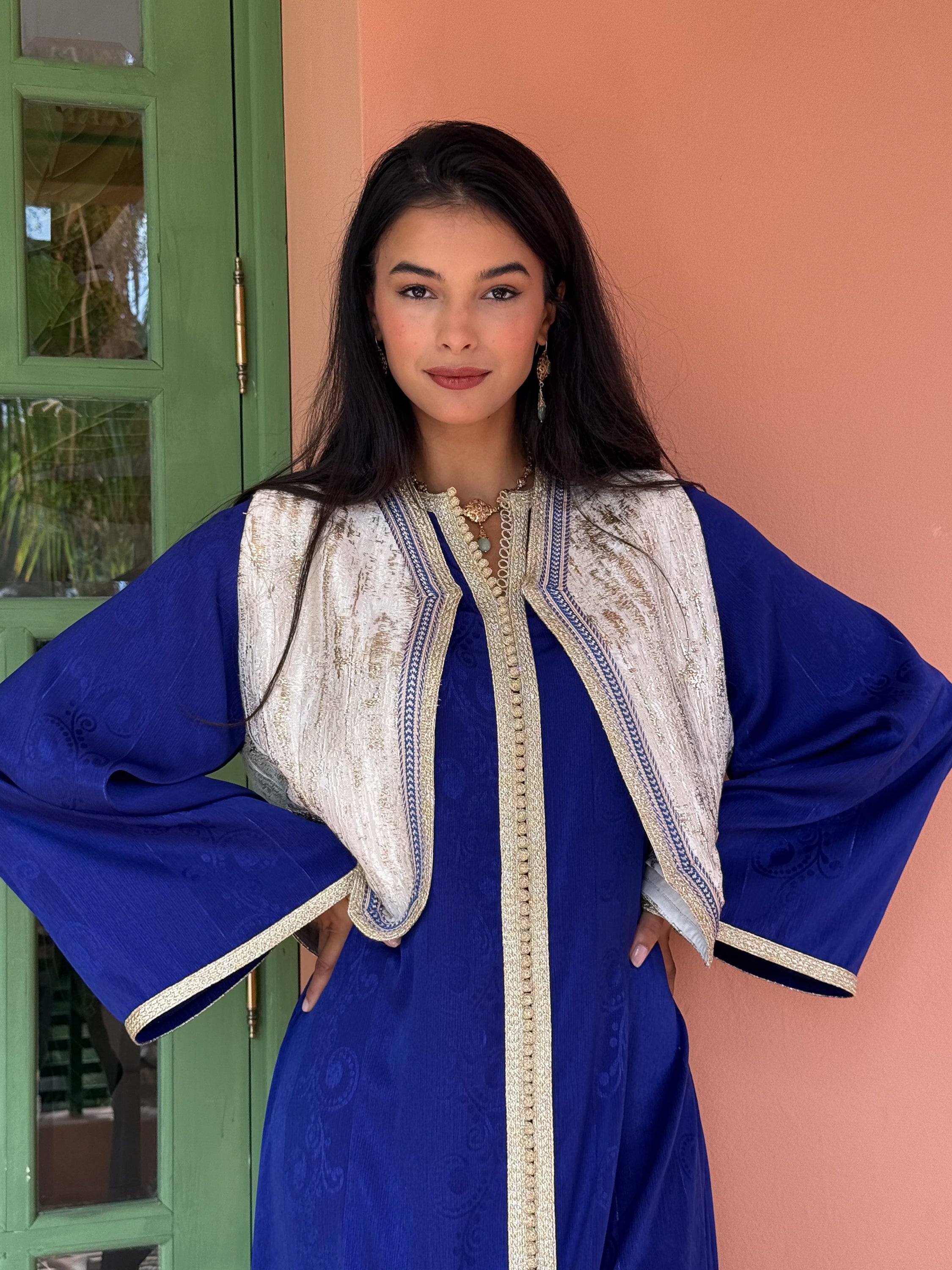 AFRAH SET : royal blue caftan with brocade embroidered vest