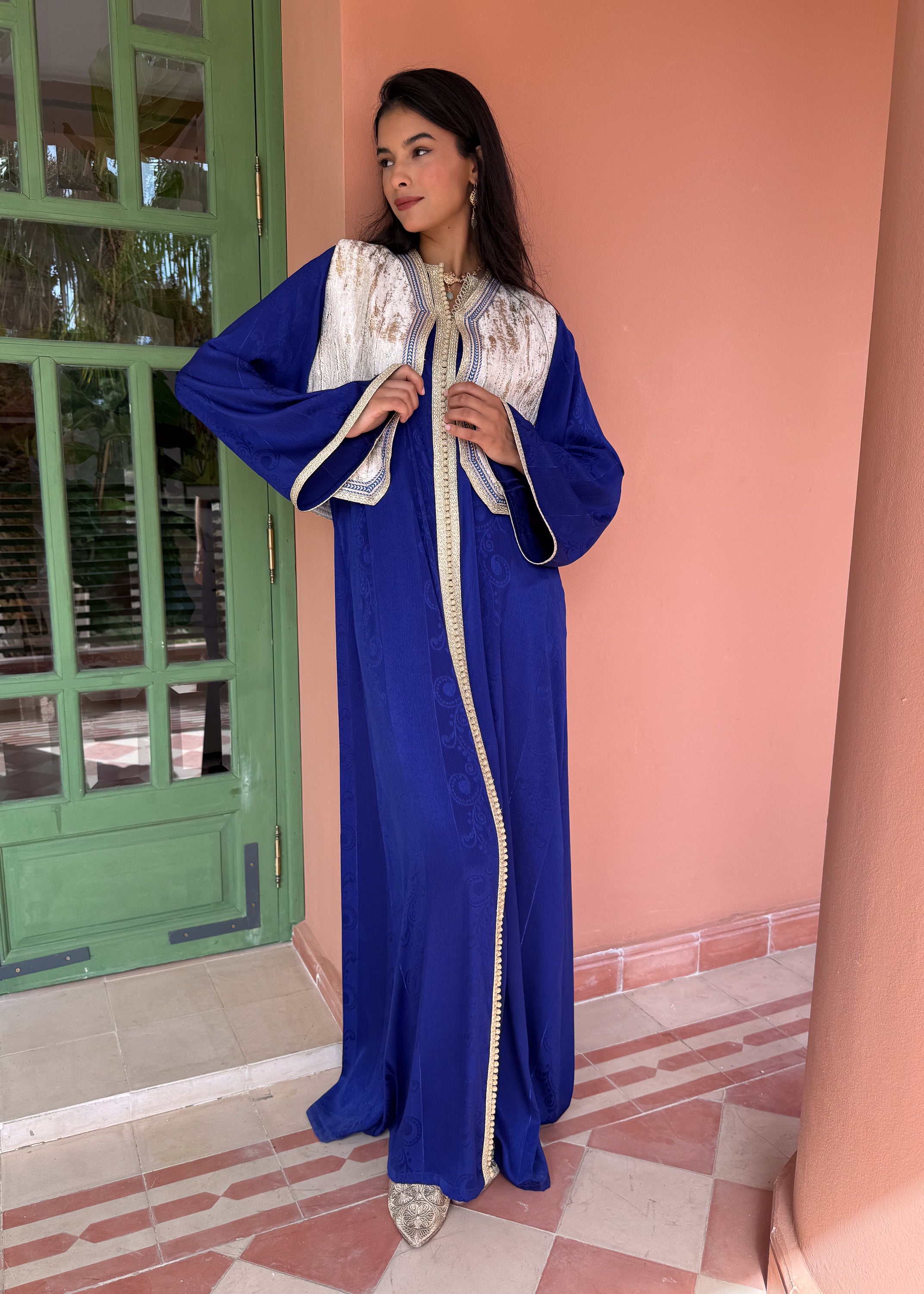 AFRAH SET : royal blue caftan with brocade embroidered vest