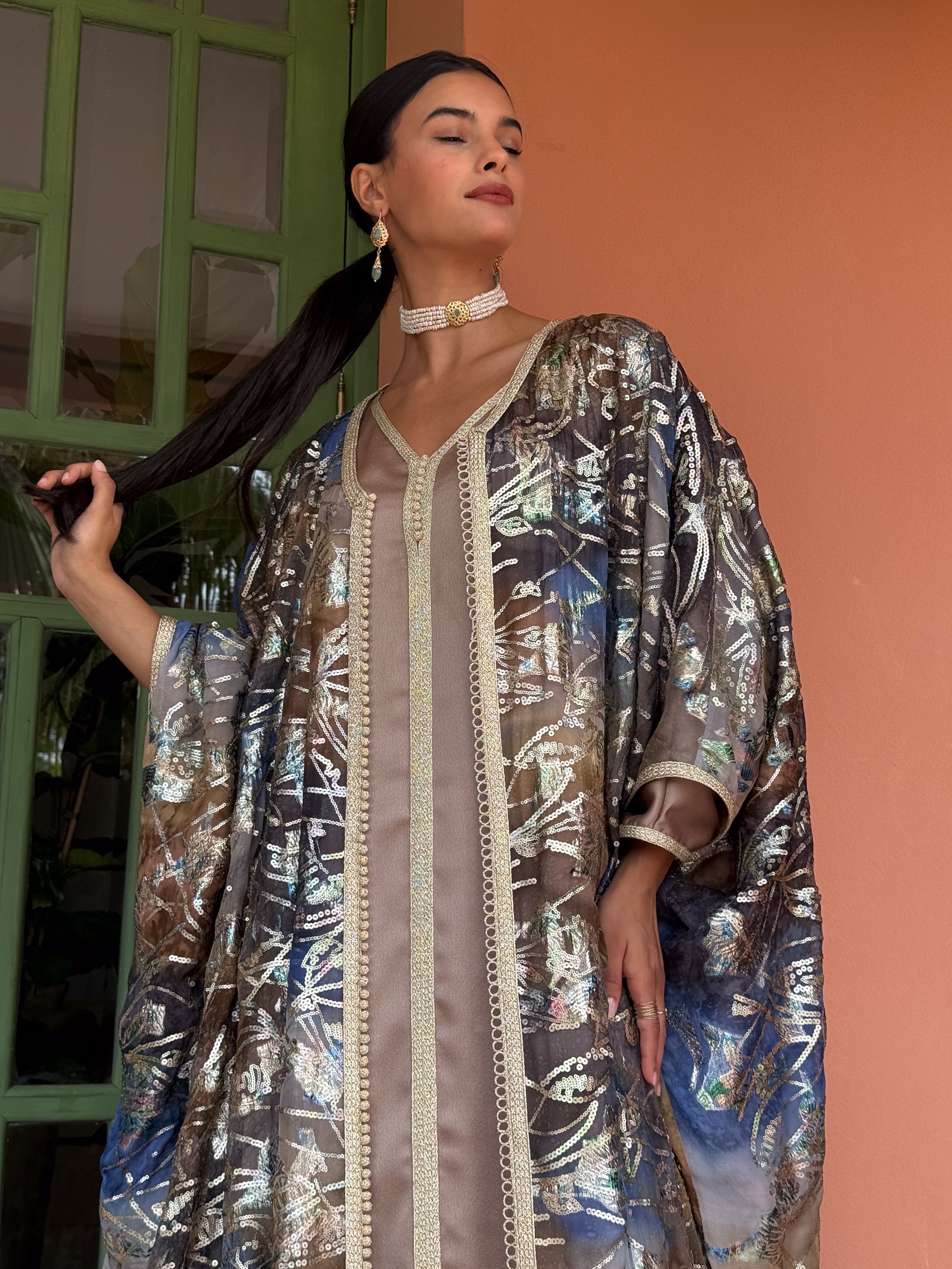 Hafsa 2-Piece Metallic Embroidered Kaftan in Bronze & Blue