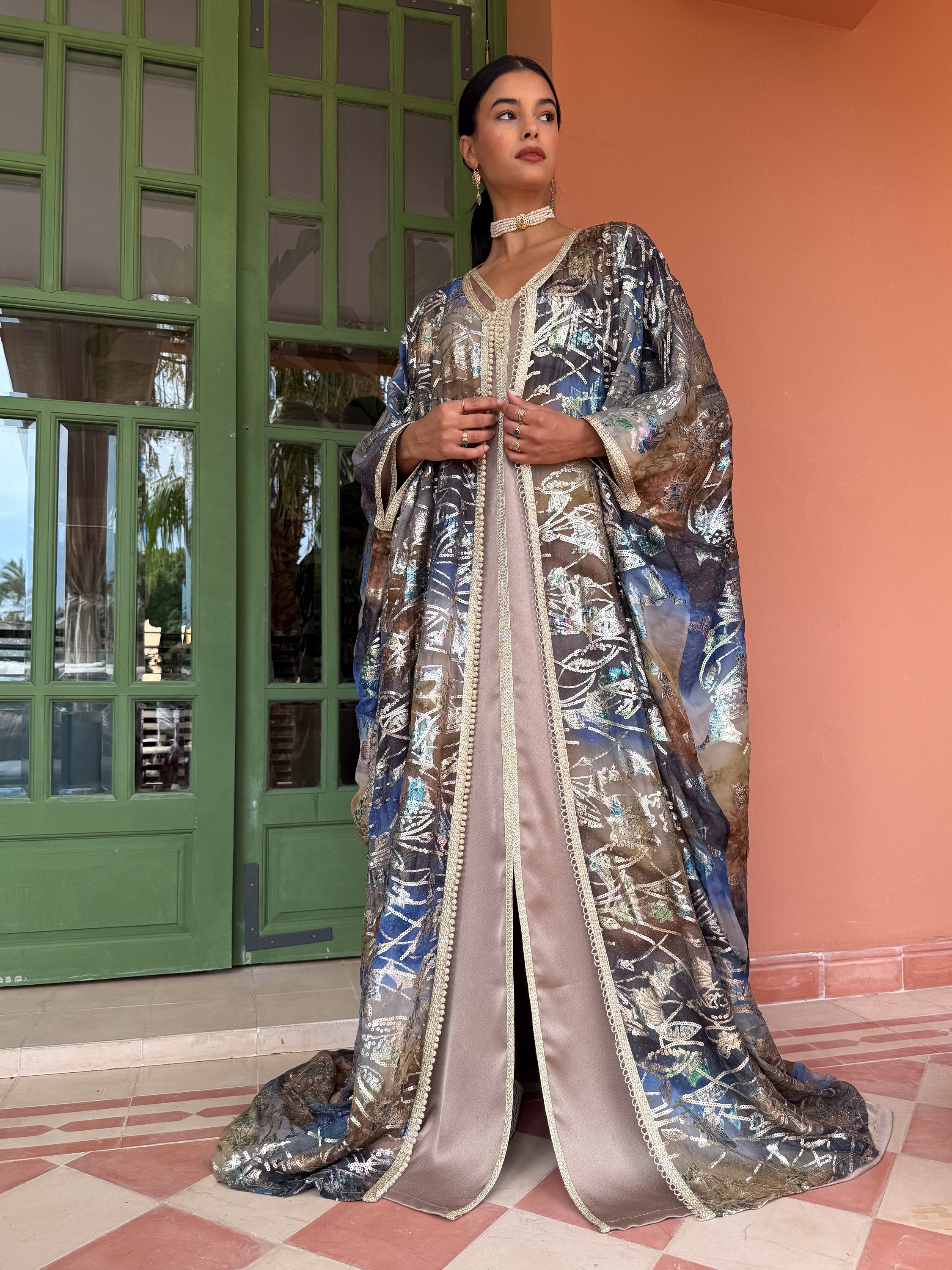 Hafsa 2-Piece Metallic Embroidered Kaftan in Bronze & Blue