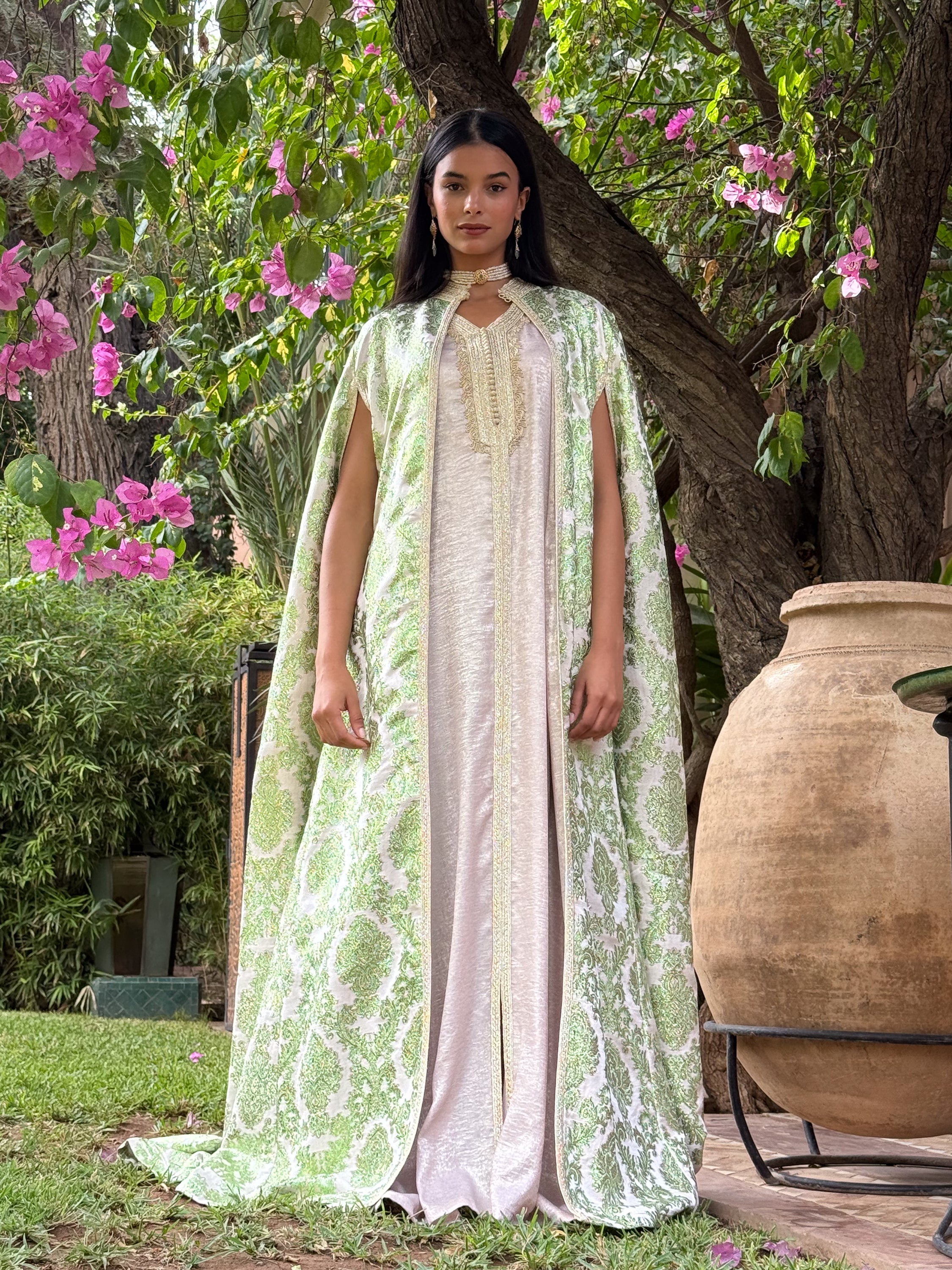 RAWDA Two-Piece Silk Kaftan & Brocade Cape Set