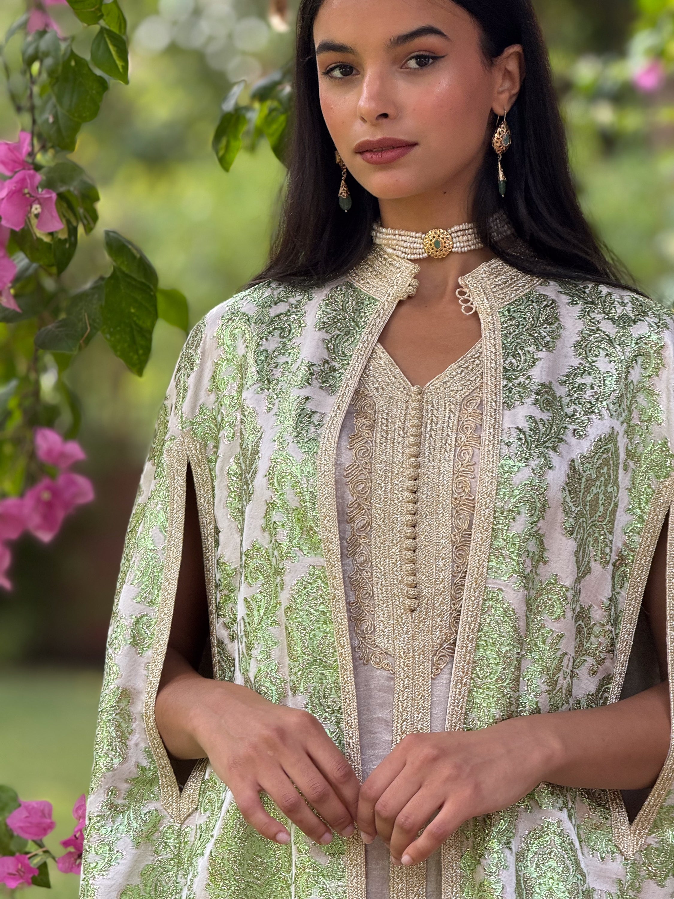 RAWDA Two-Piece Silk Kaftan & Brocade Cape Set