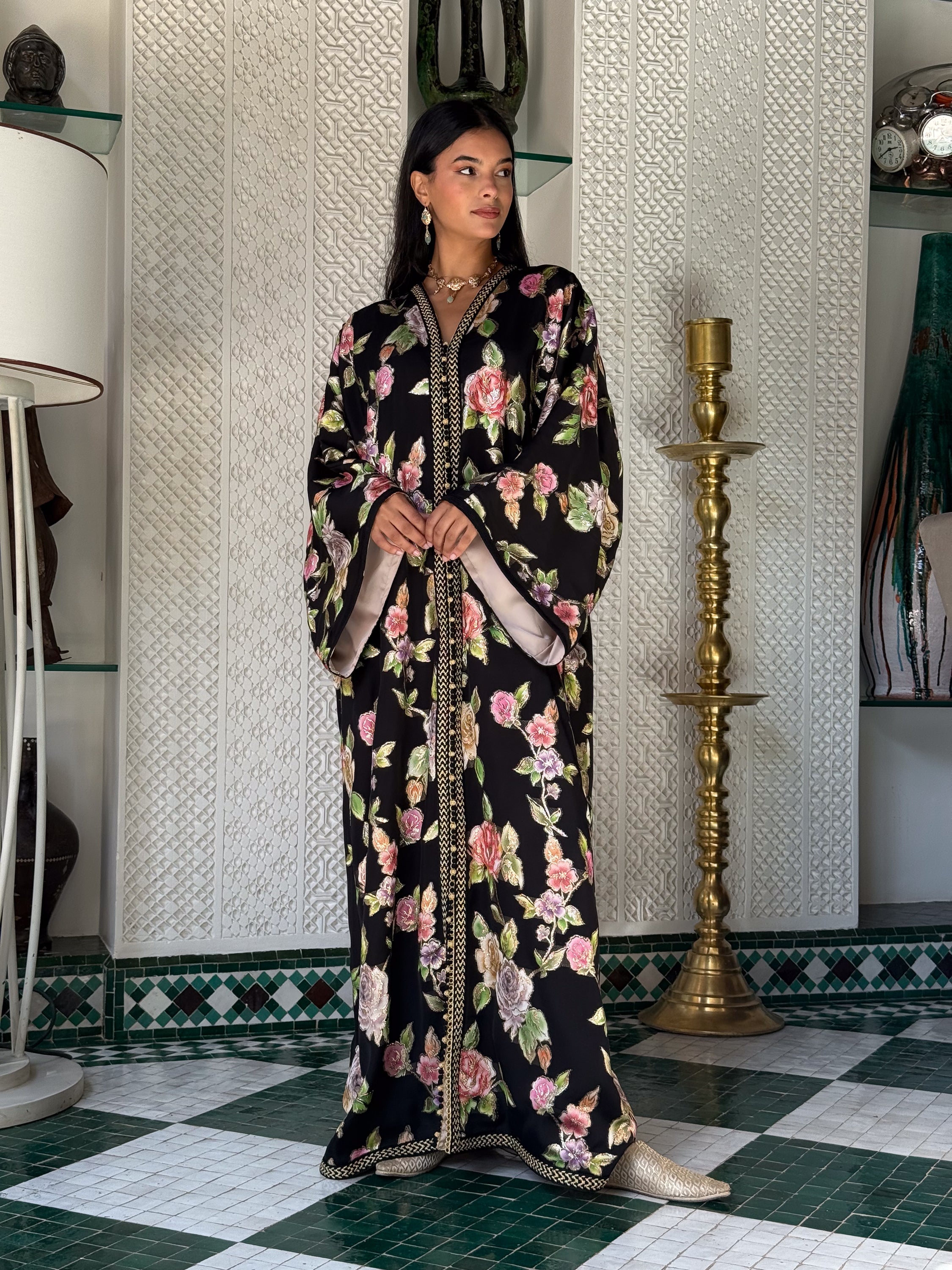 SAKI FLORAL SILK KAFTAN BLACK