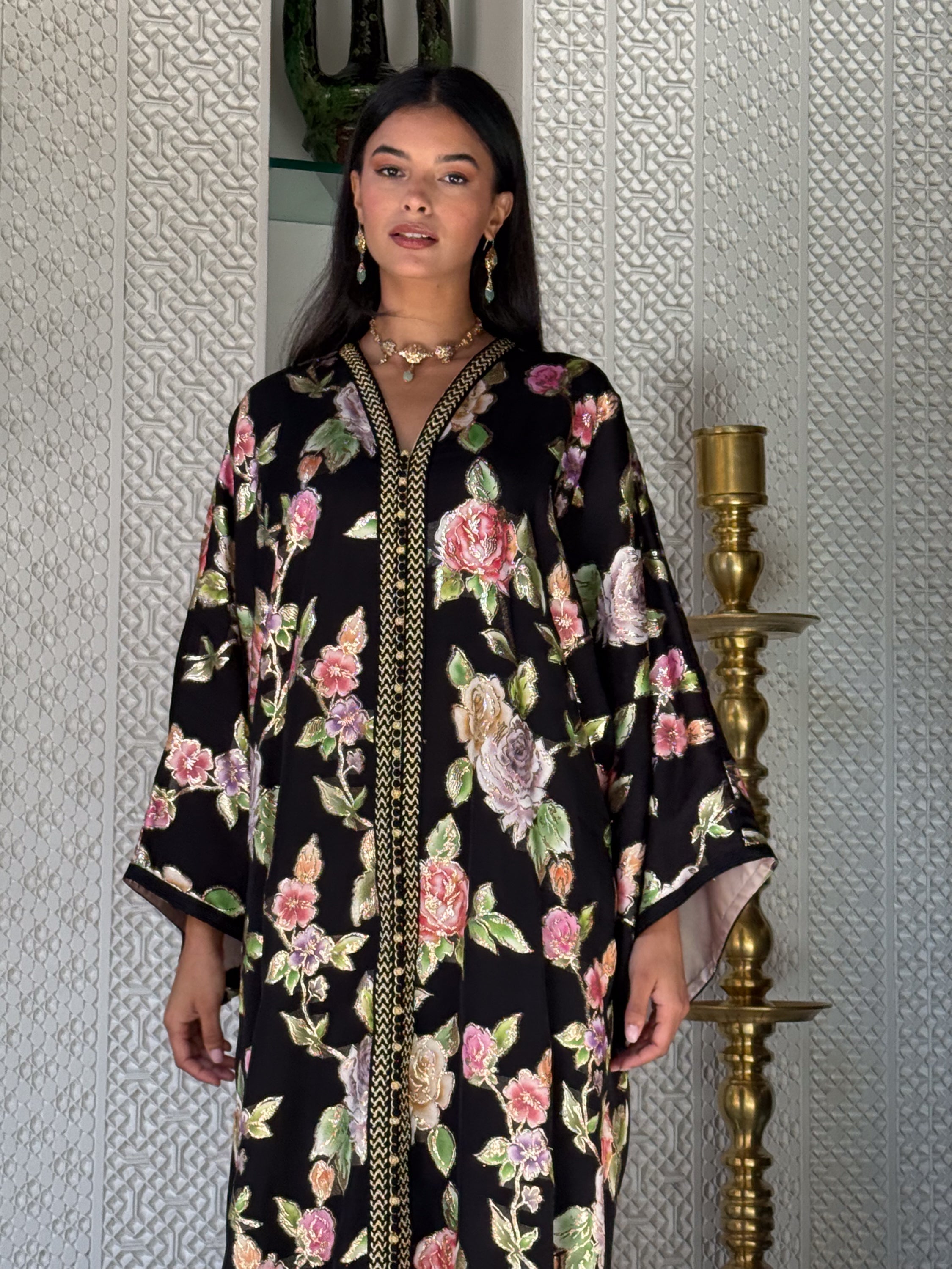 SAKI FLORAL SILK KAFTAN BLACK