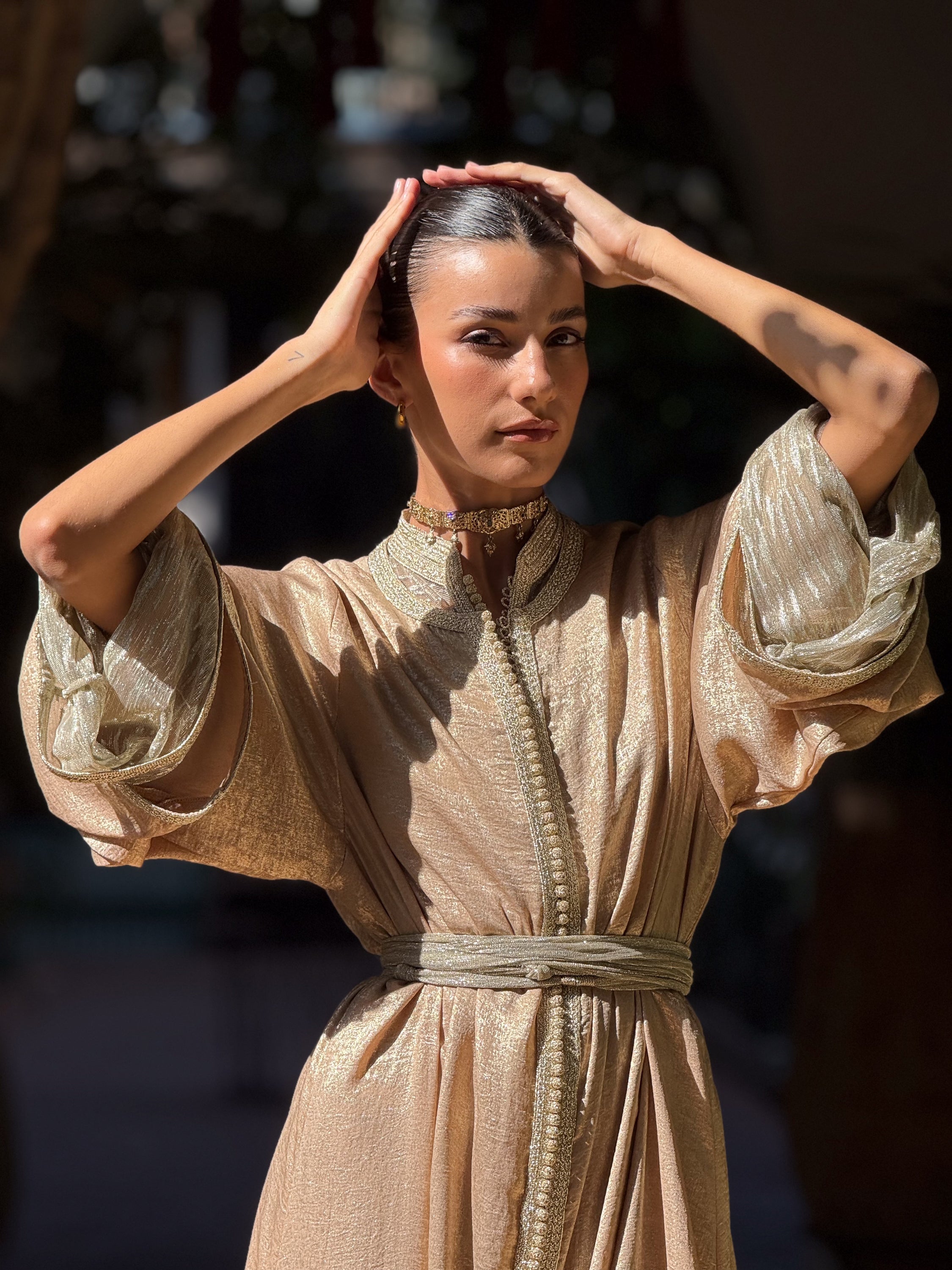 Joumala 3-Piece Set: Gold Crepe Kaftan, Sheer Muslin Kaftan & Adjustable Belt