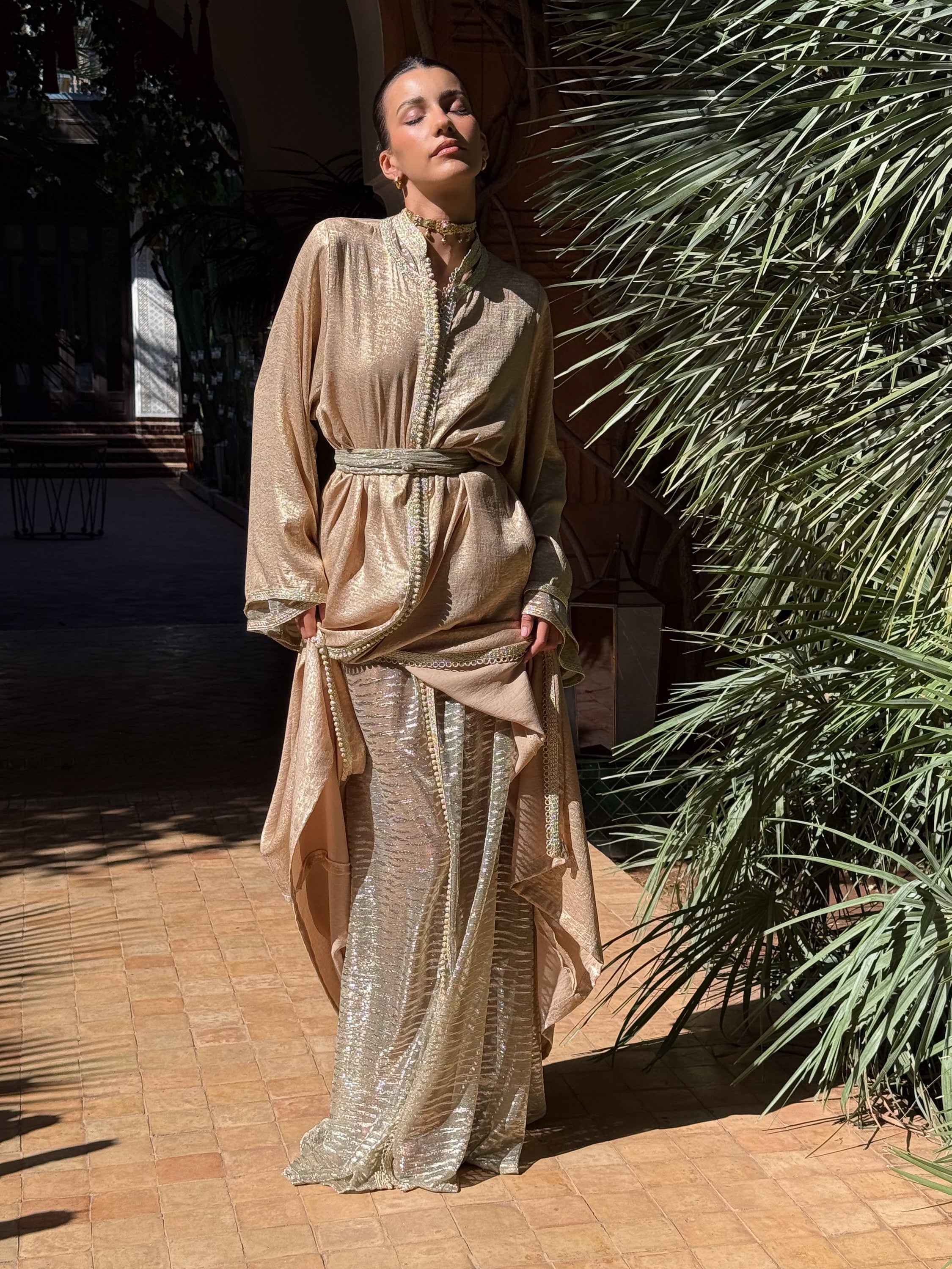 Joumala 3-Piece Set: Gold Crepe Kaftan, Sheer Muslin Kaftan & Adjustable Belt
