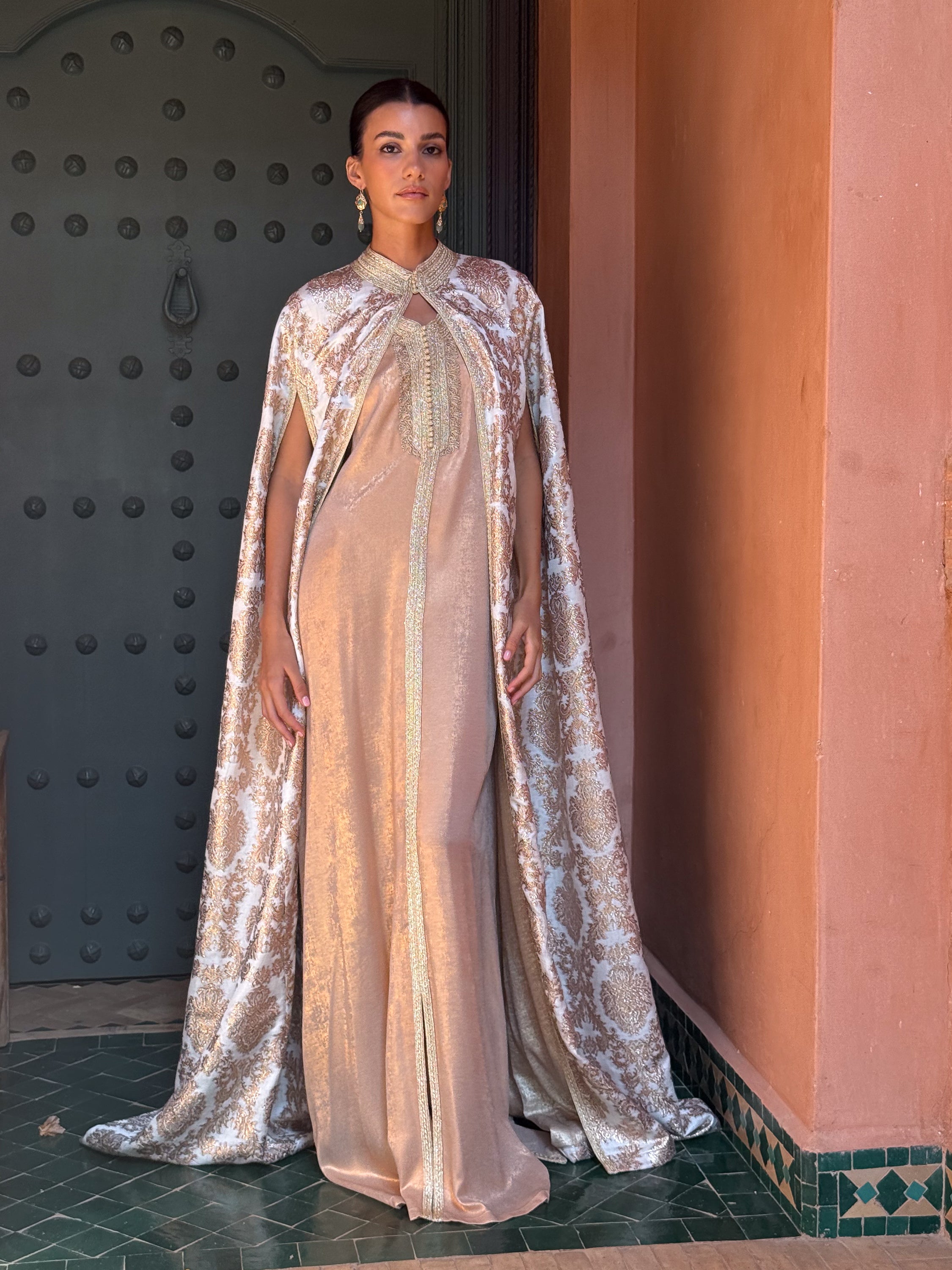 Dounia Two-Piece Silk Kaftan & Brocade Cape Set