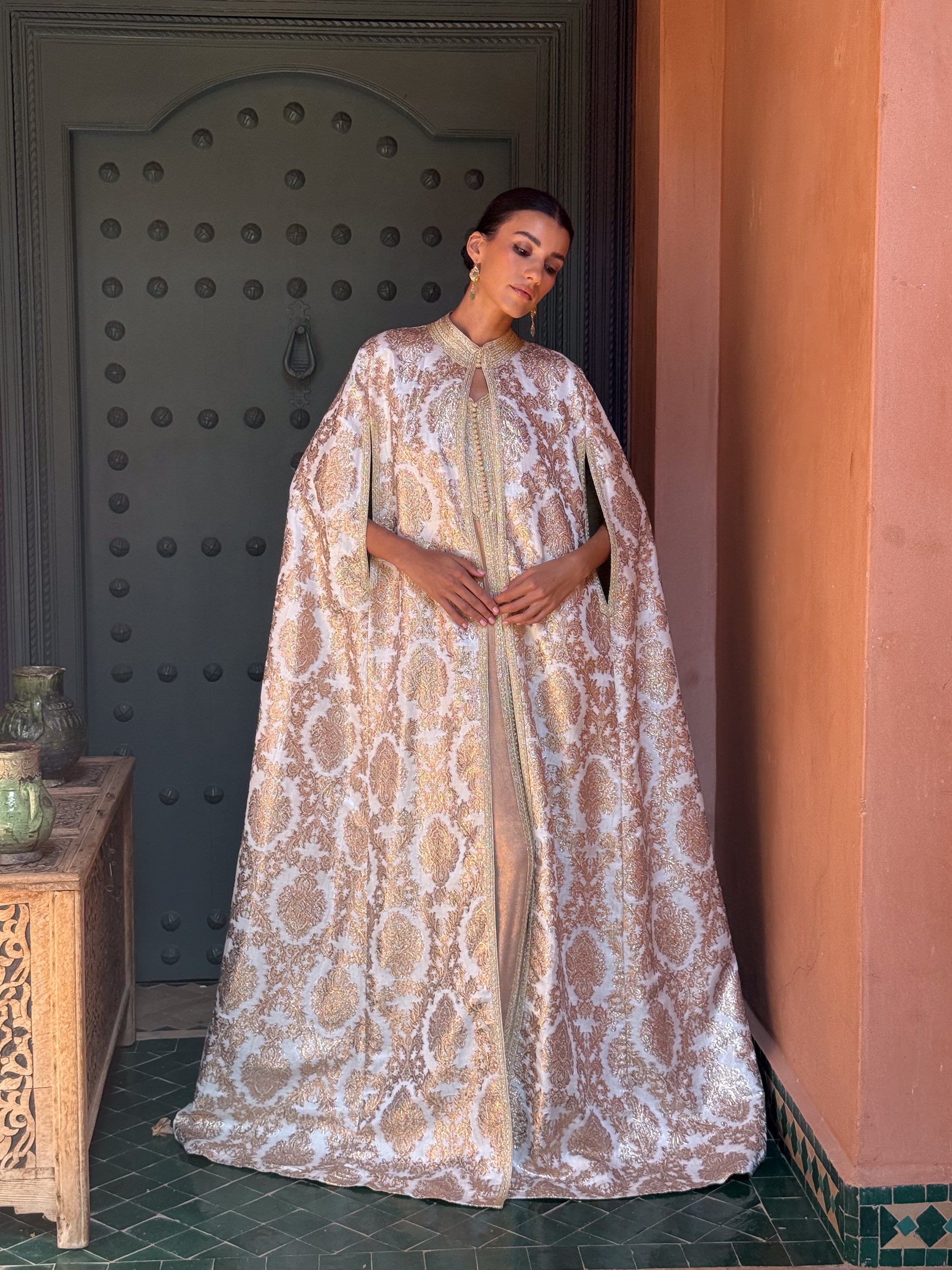 Dounia Two-Piece Silk Kaftan & Brocade Cape Set