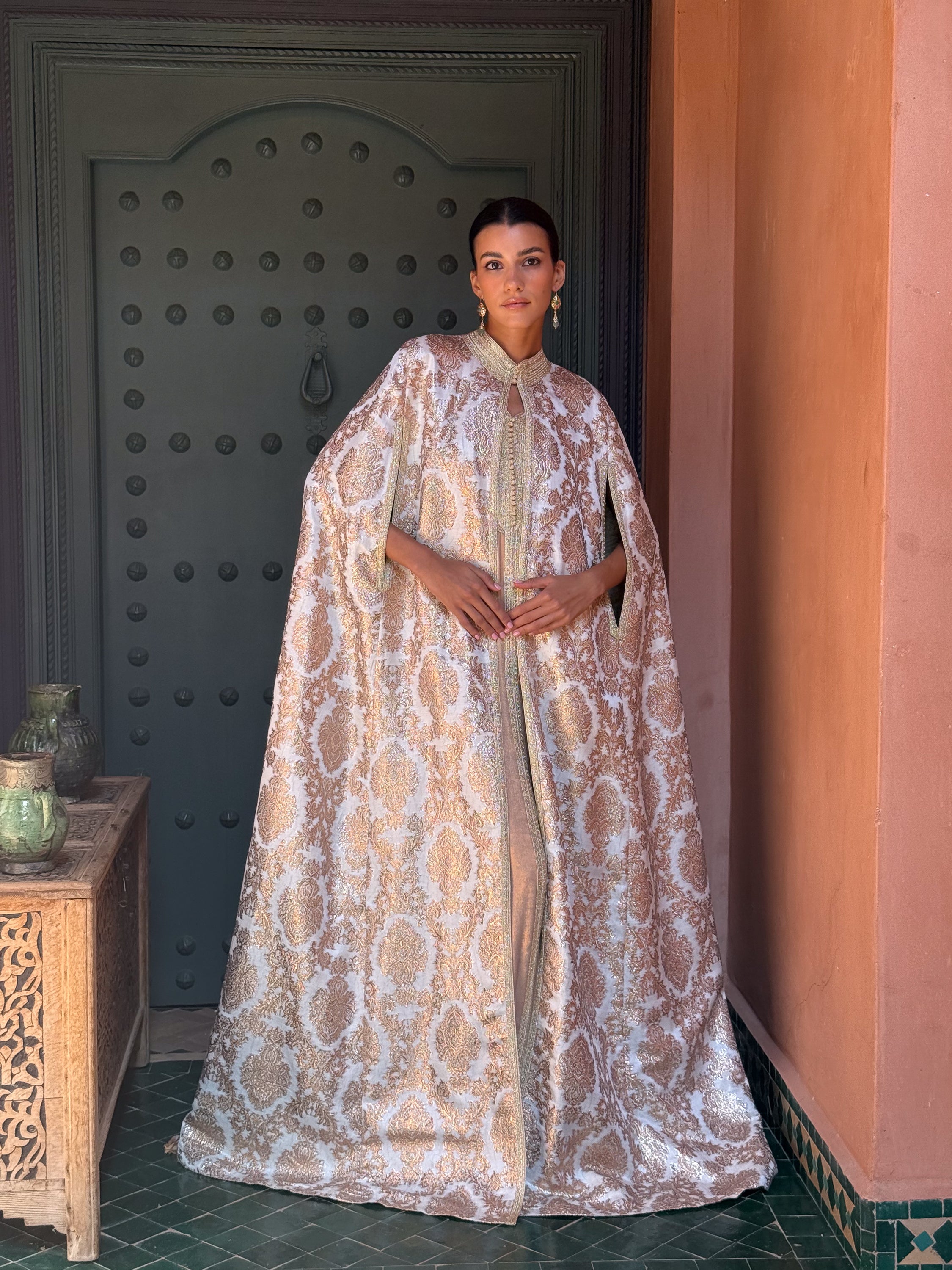 Dounia Two-Piece Silk Kaftan & Brocade Cape Set