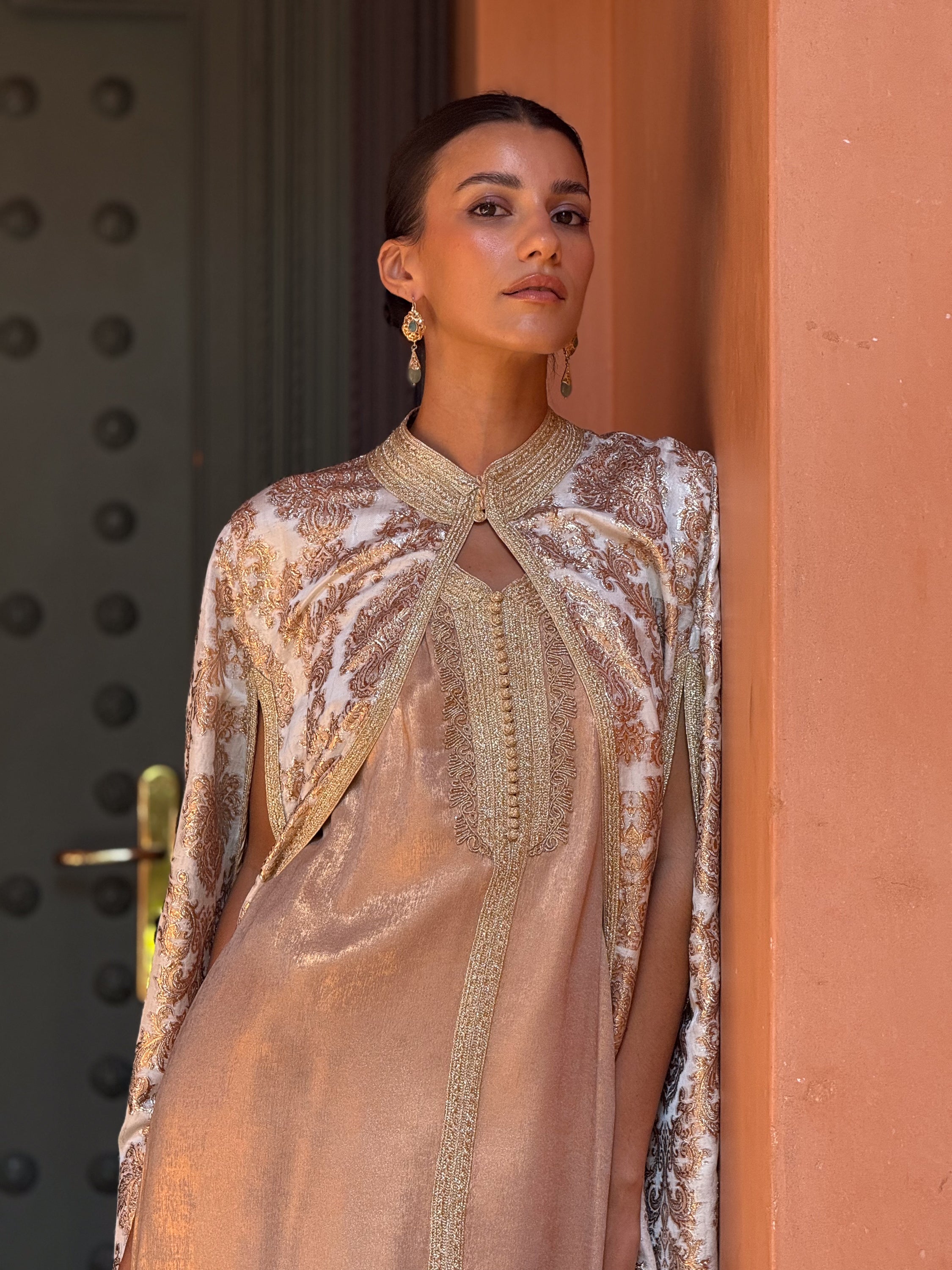 Dounia Two-Piece Silk Kaftan & Brocade Cape Set