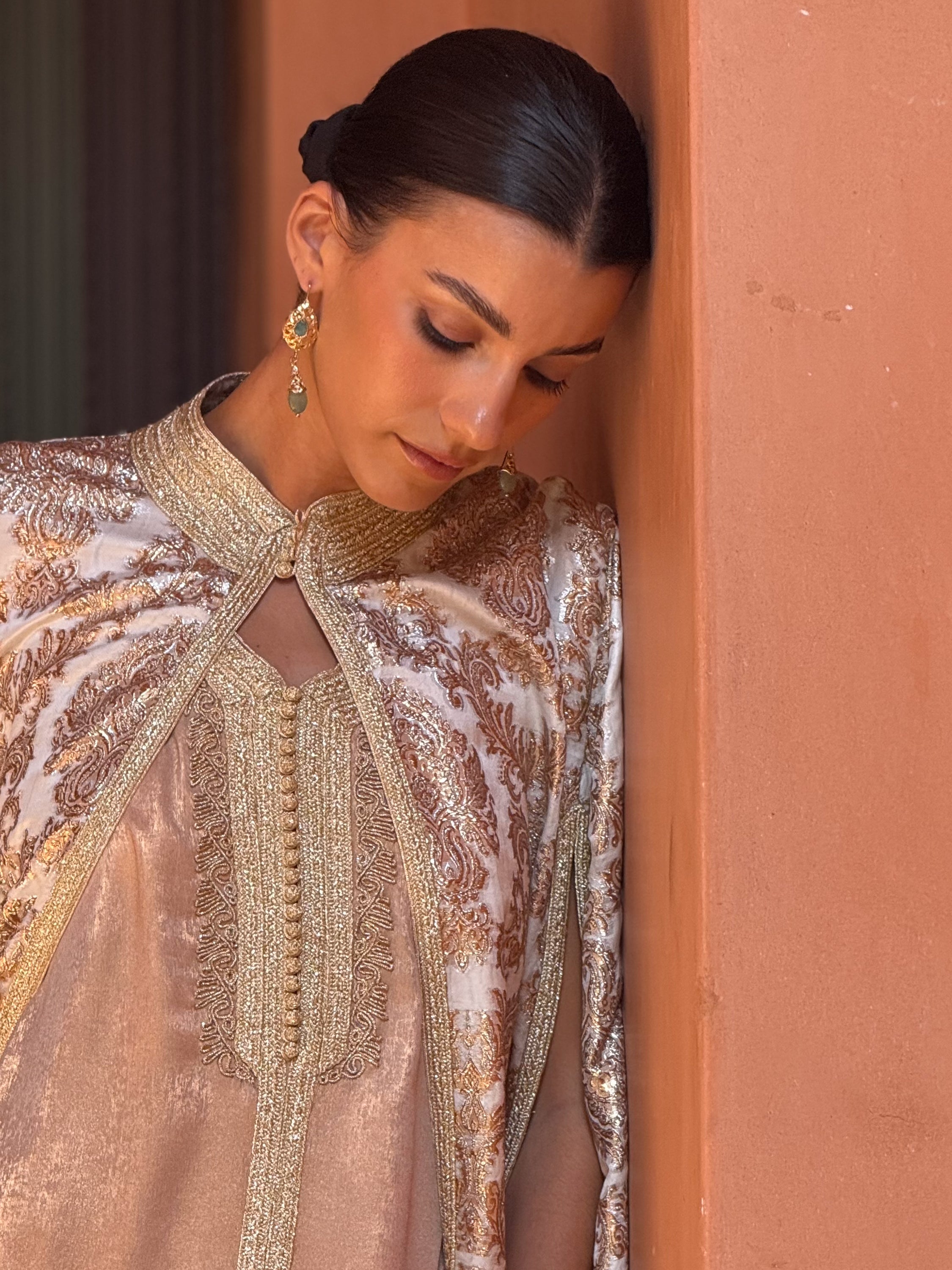 Dounia Two-Piece Silk Kaftan & Brocade Cape Set
