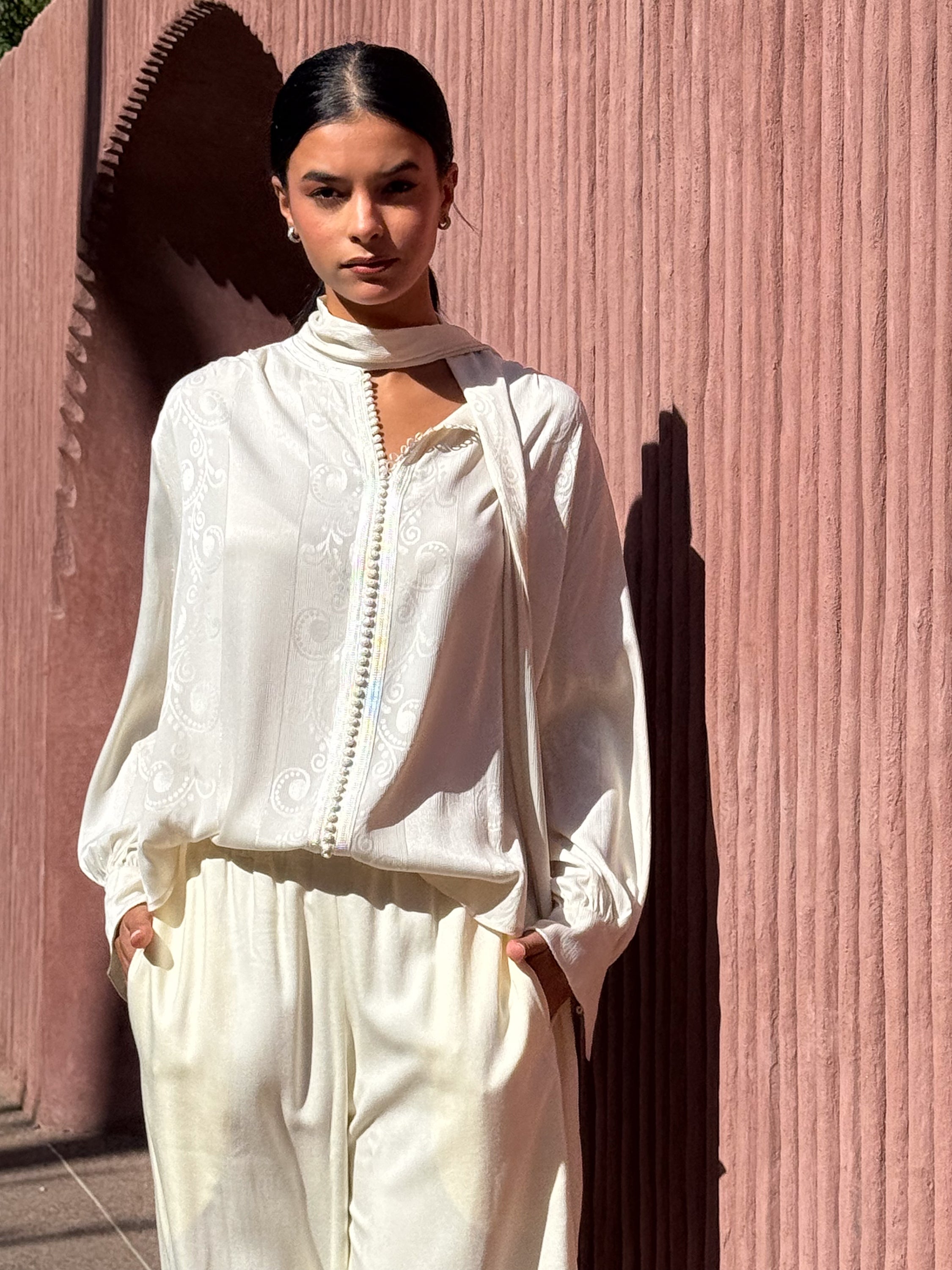ACHRAF Cream Viscose Jacquard Blouse with Bow Detail