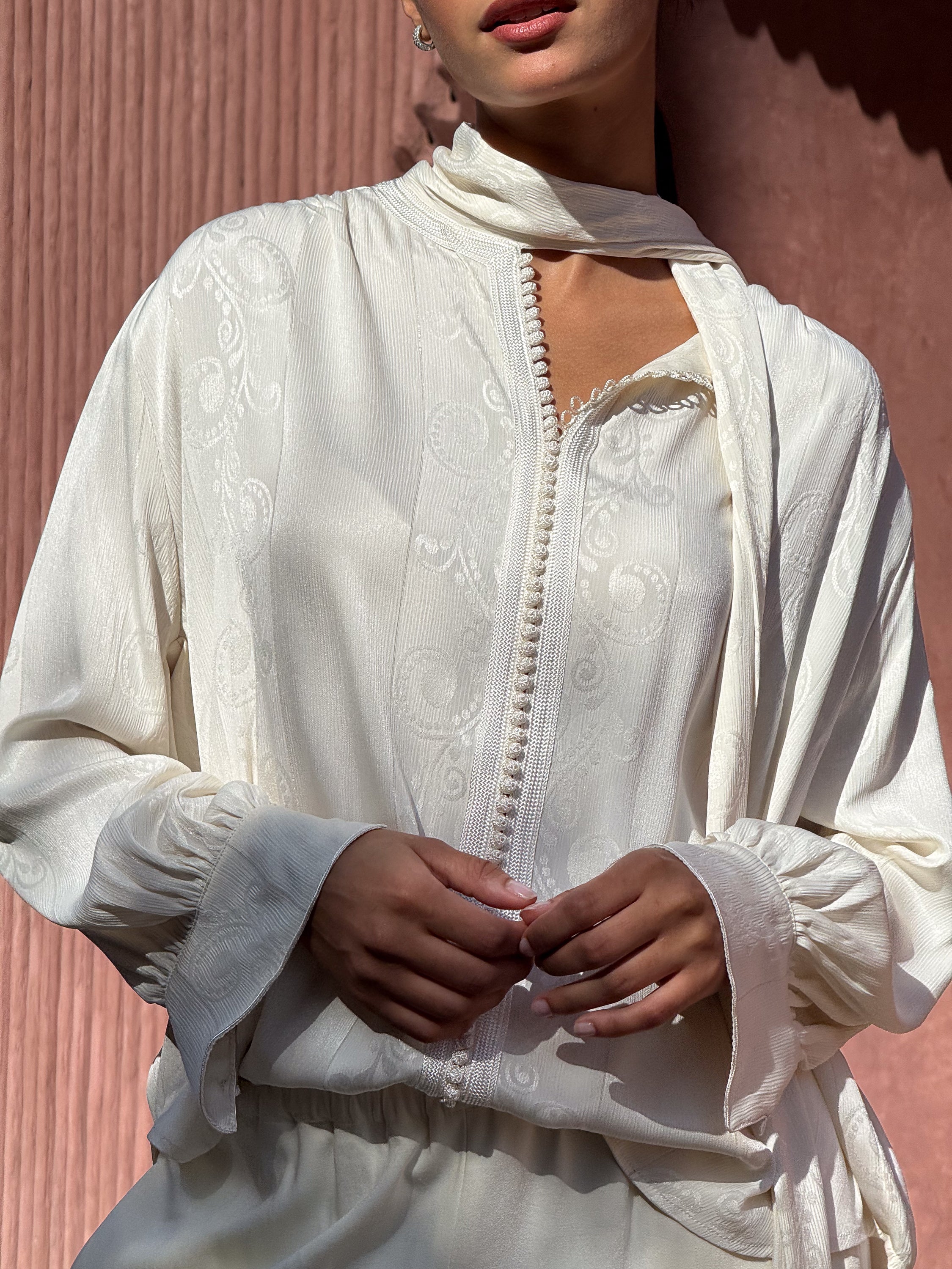 ACHRAF Cream Viscose Jacquard Blouse with Bow Detail