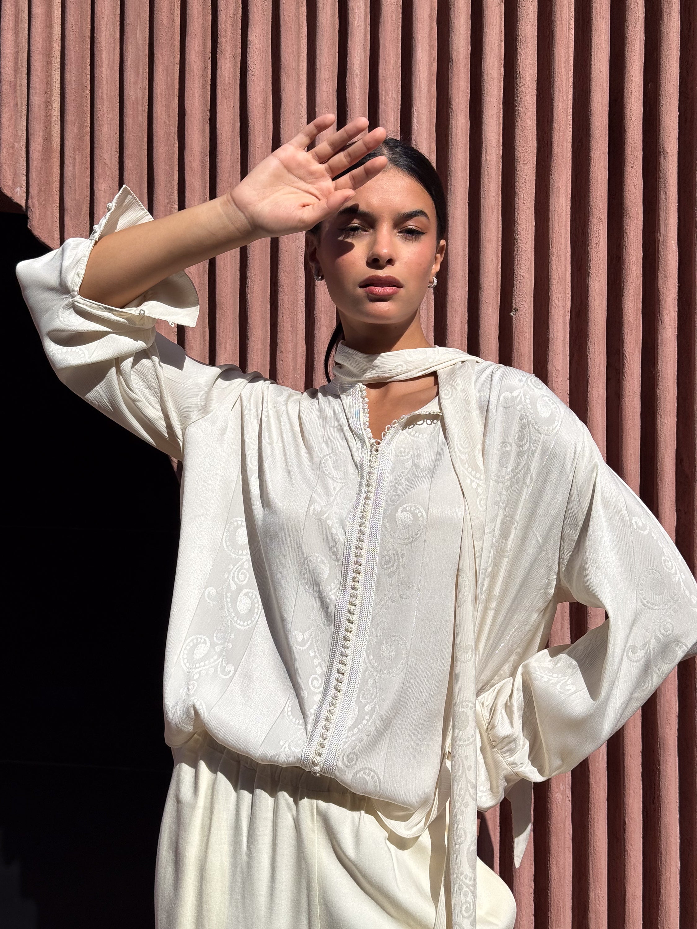 ACHRAF Cream Viscose Jacquard Blouse with Bow Detail