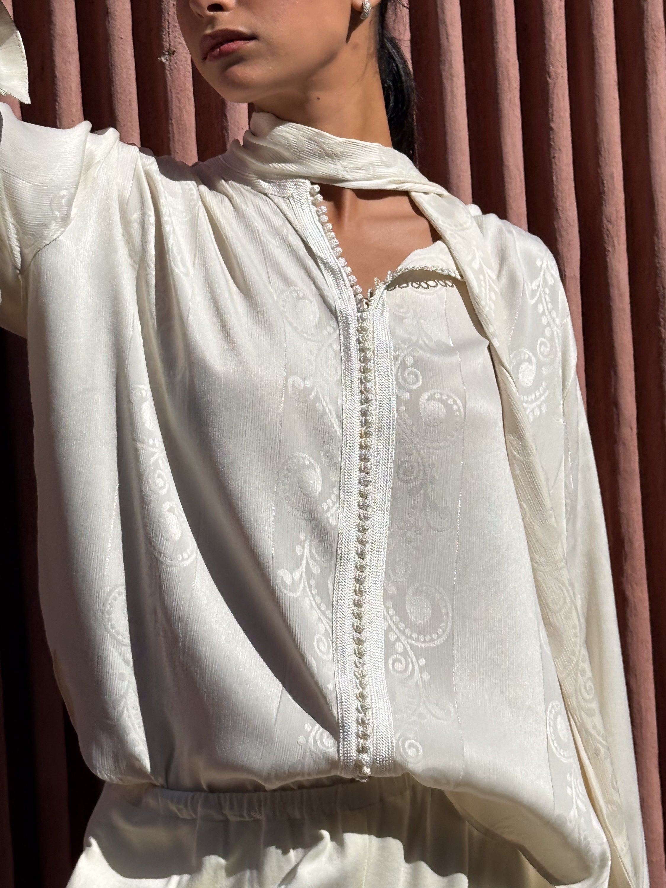 ACHRAF Cream Viscose Jacquard Blouse with Bow Detail