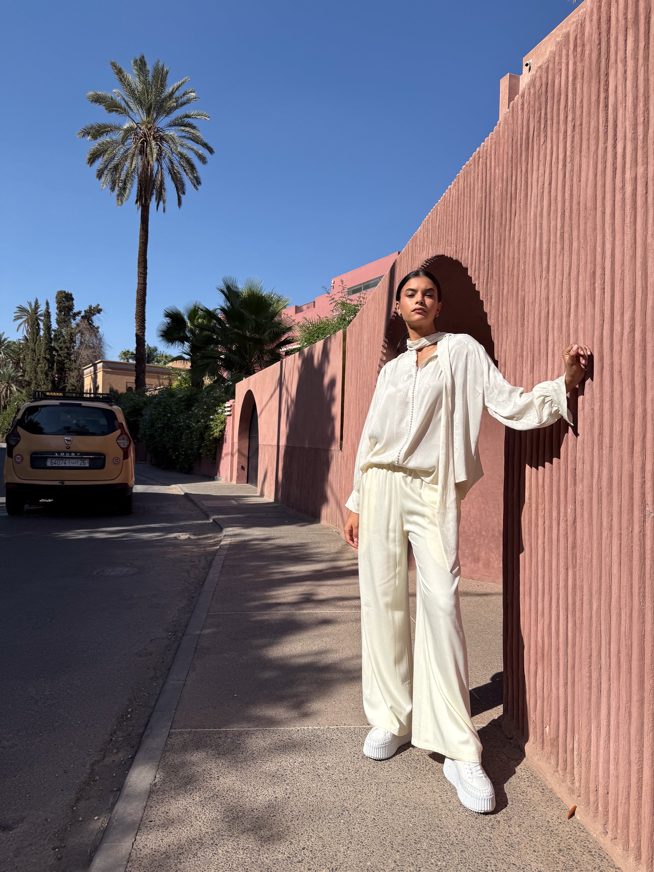 ACHRAF Cream Viscose Jacquard Blouse with Bow Detail