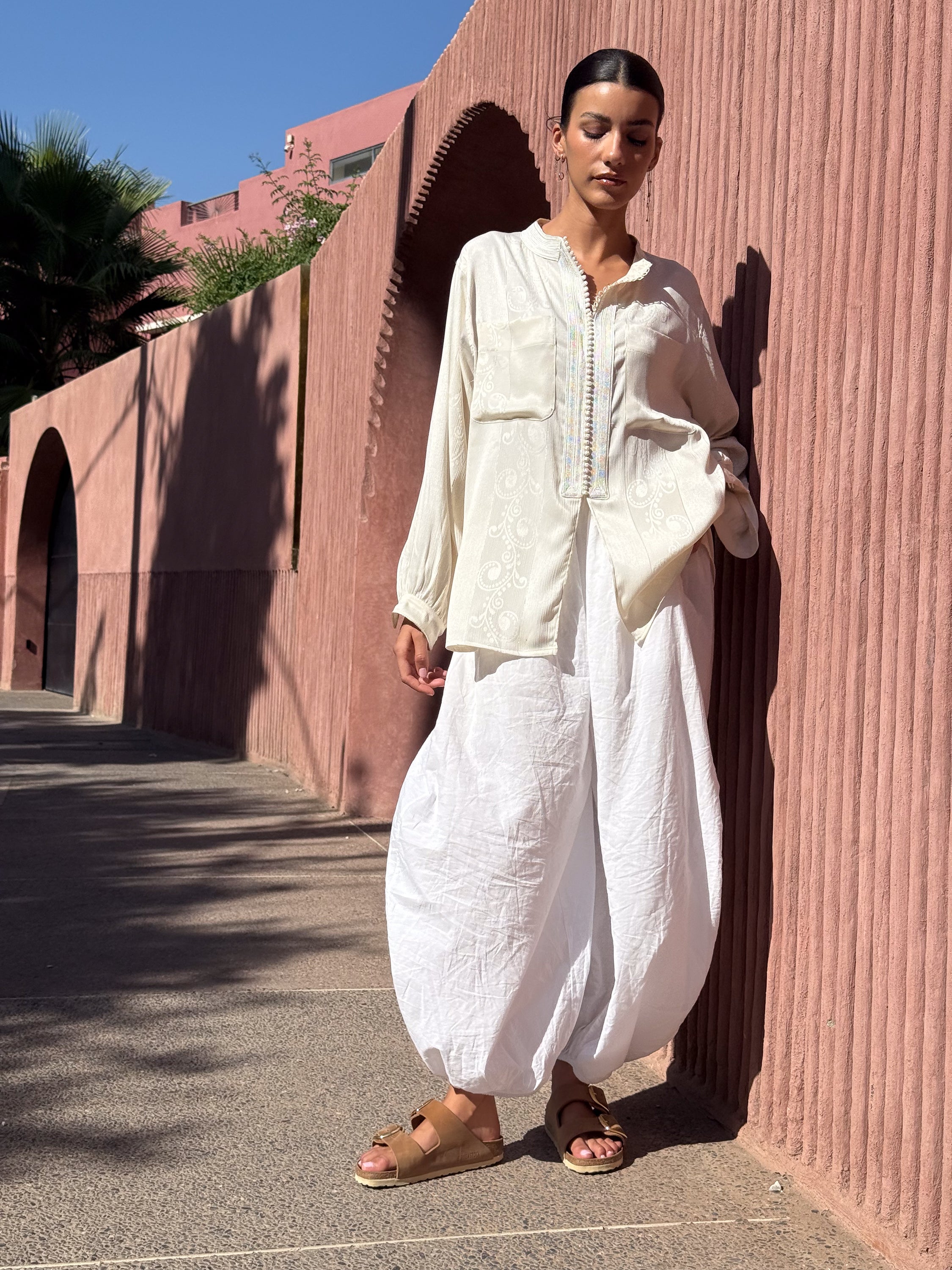 Naim Ivory Viscose Shirt with Graphic Sfifa Detail