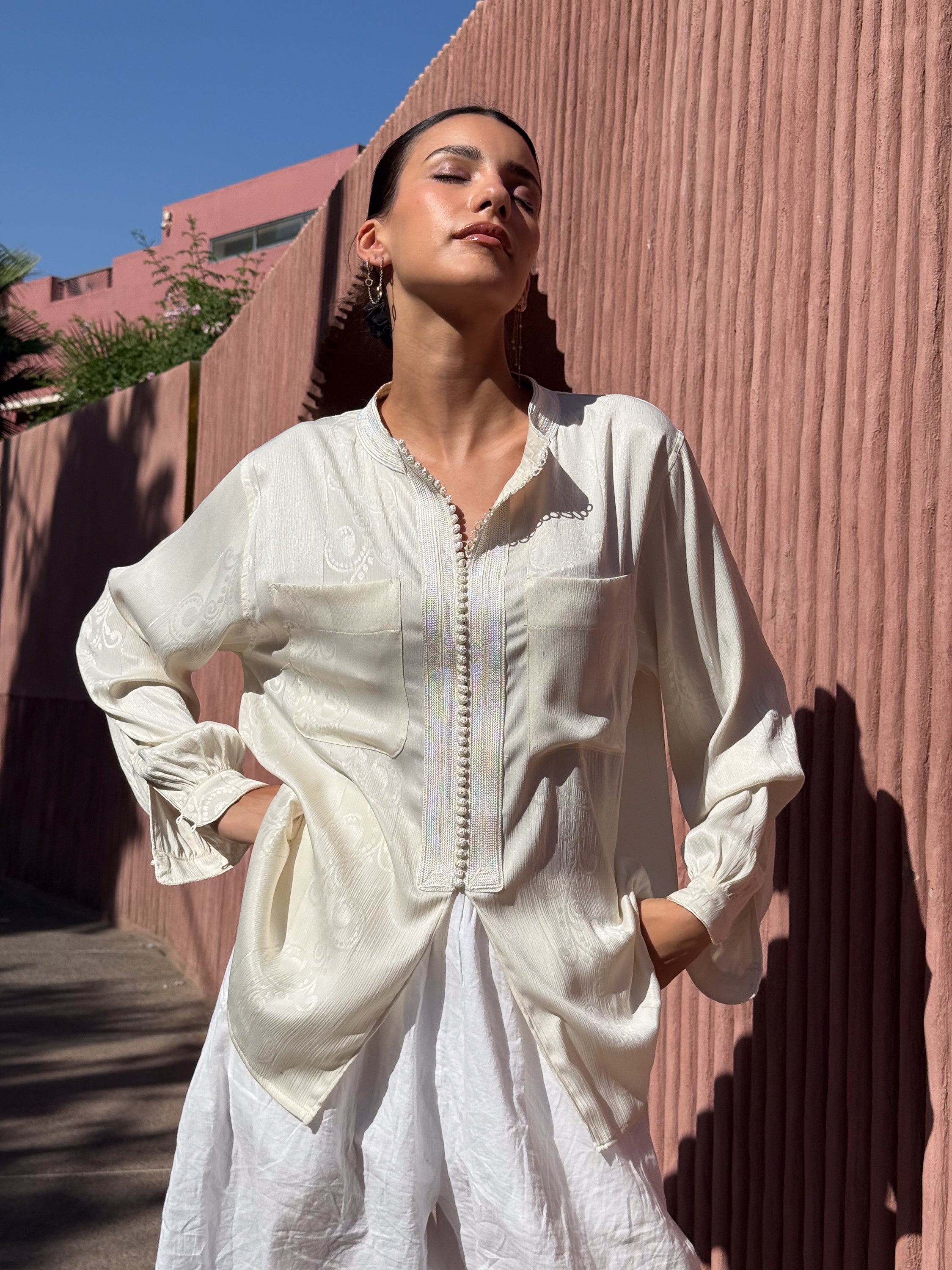 Naim Ivory Viscose Shirt with Graphic Sfifa Detail