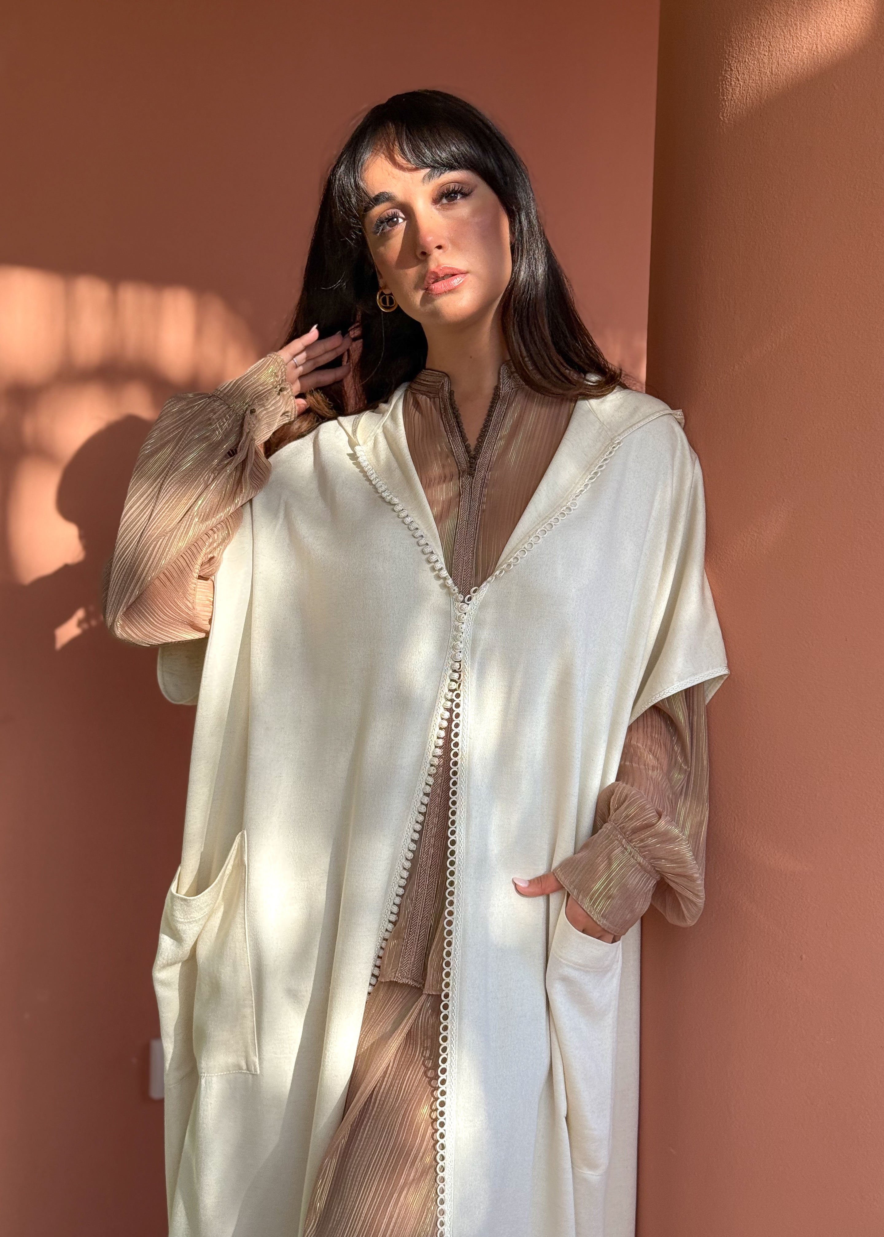 Nouh 3-Piece Linen Djellaba Set in Ivory with Iridescent Striped Muslin Shirt and Saroual