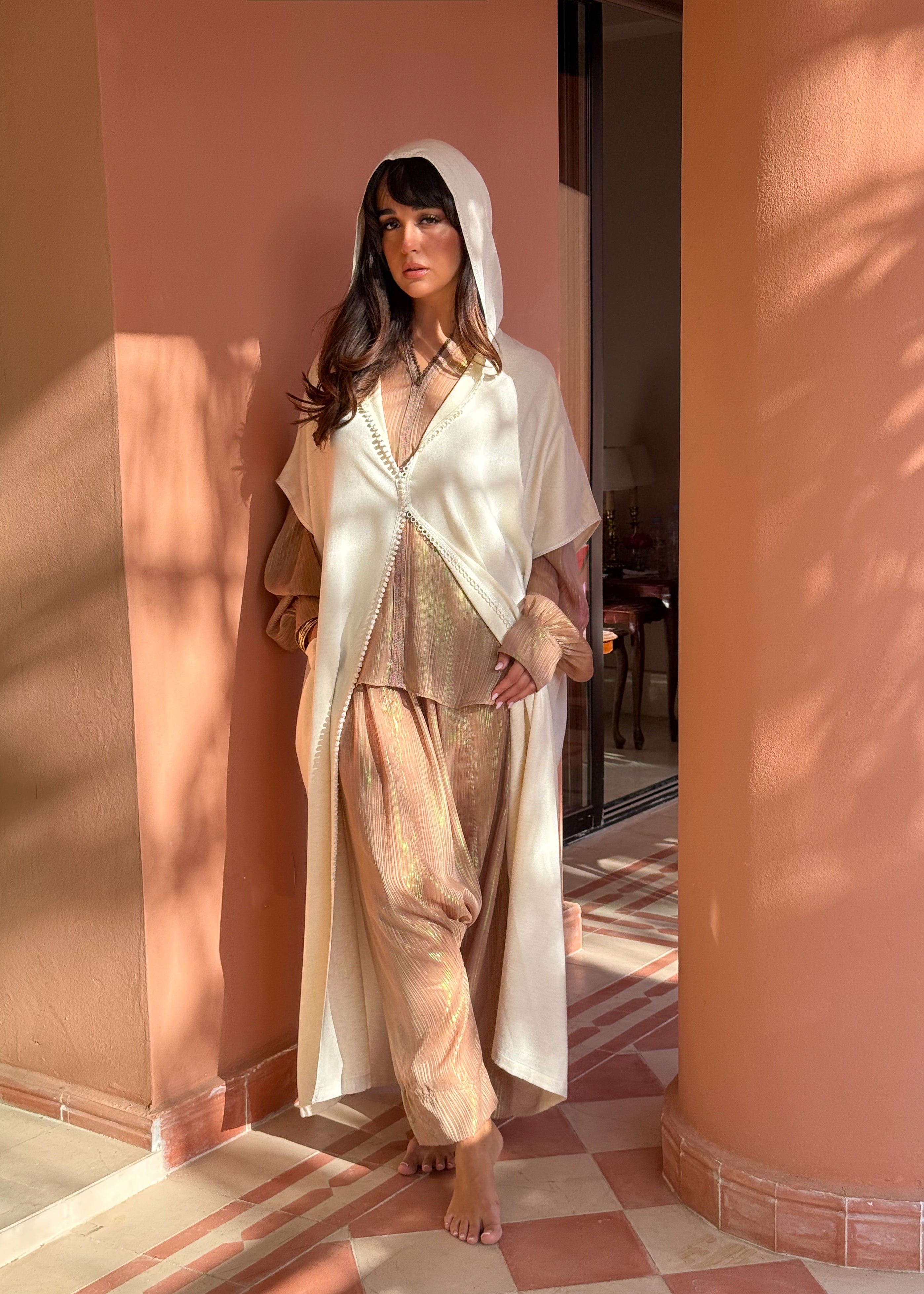 Nouh 3-Piece Linen Djellaba Set in Ivory with Iridescent Striped Muslin Shirt and Saroual