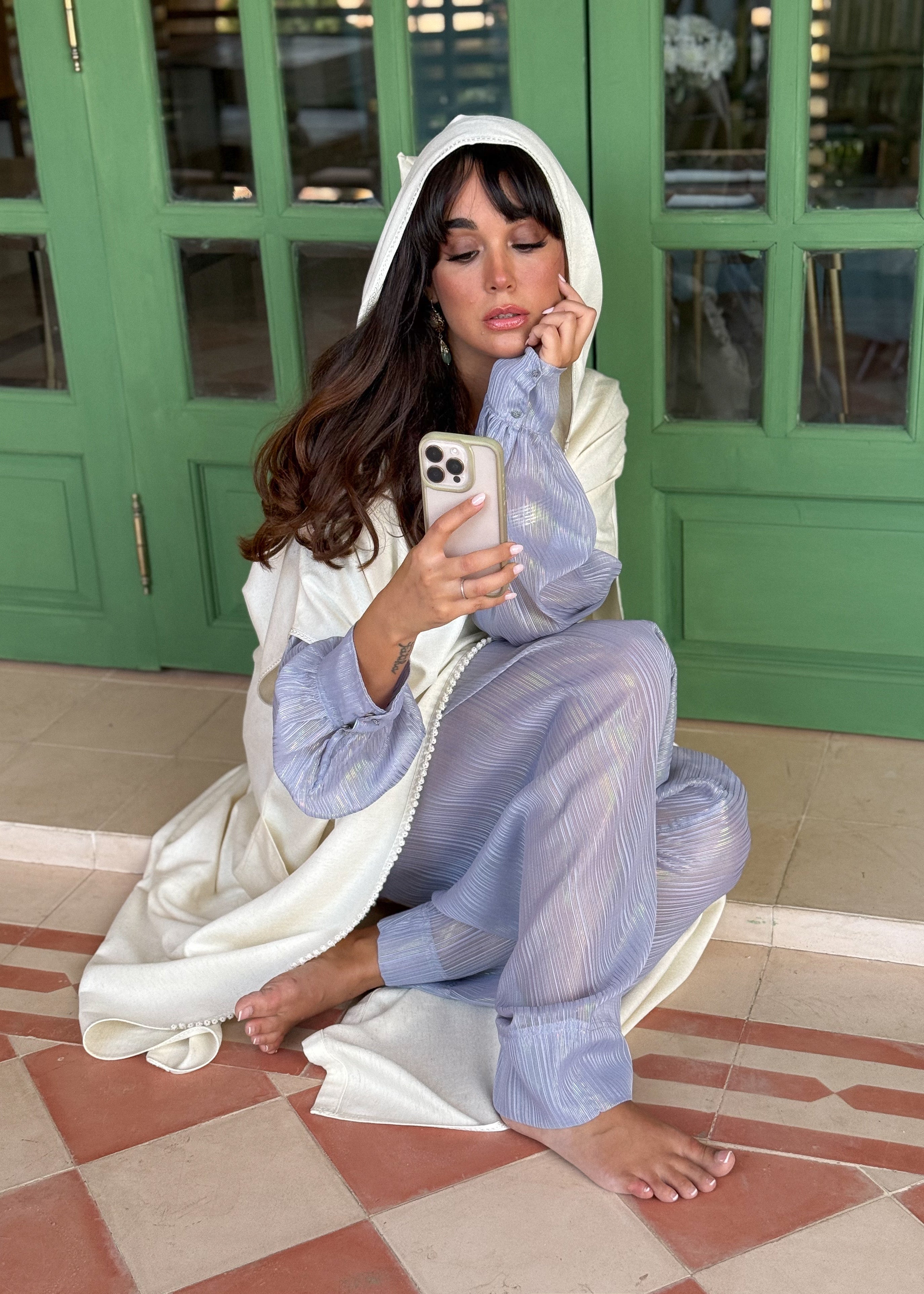 Nouh 3-Piece Linen Djellaba Set in Ivory with Iridescent Striped Muslin Shirt and Saroual