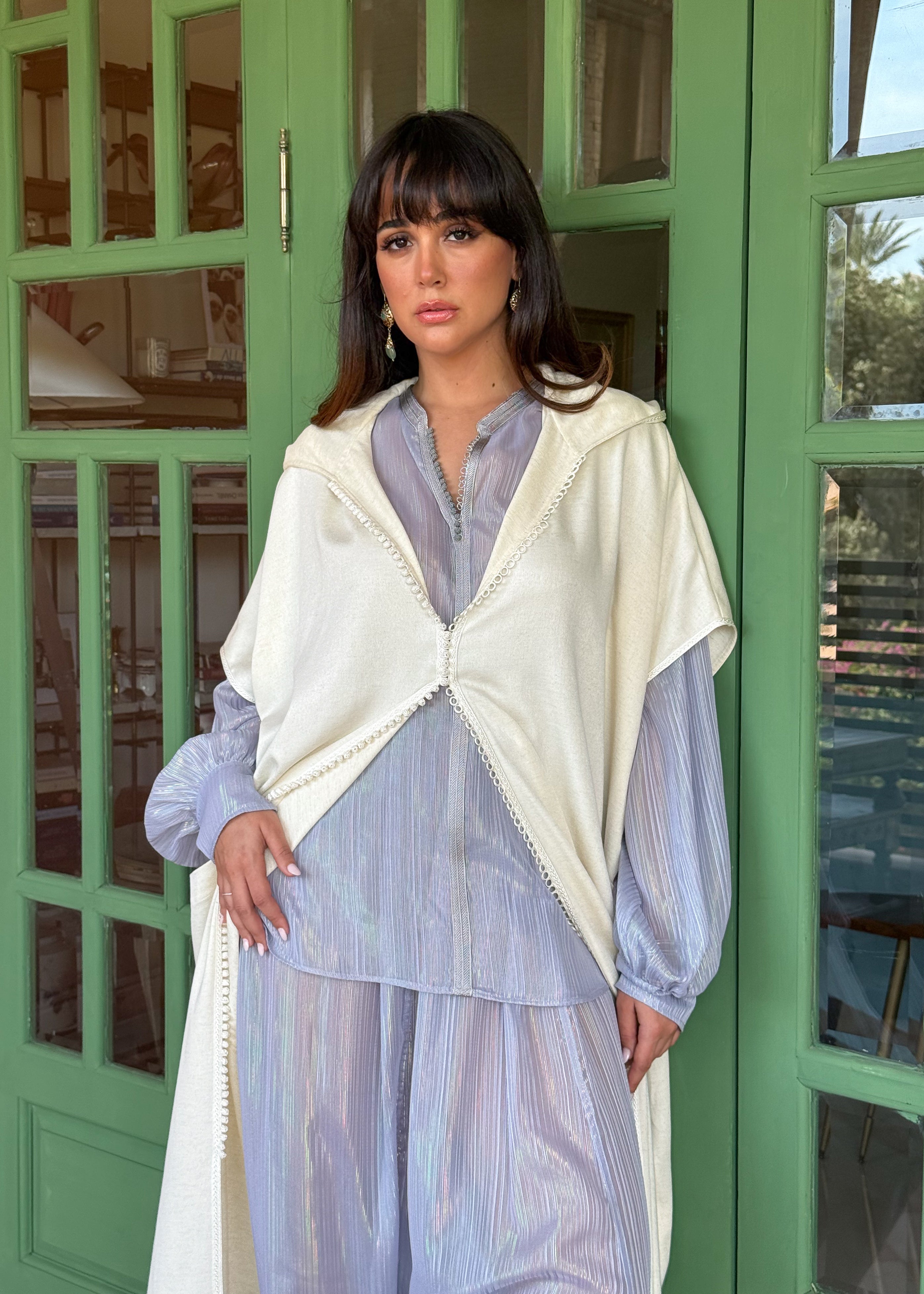 Nouh 3-Piece Linen Djellaba Set in Ivory with Iridescent Striped Muslin Shirt and Saroual