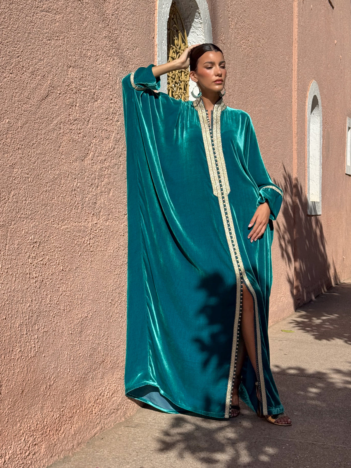 Attia Silk Velvet Kaftan – Turquoise – view 1