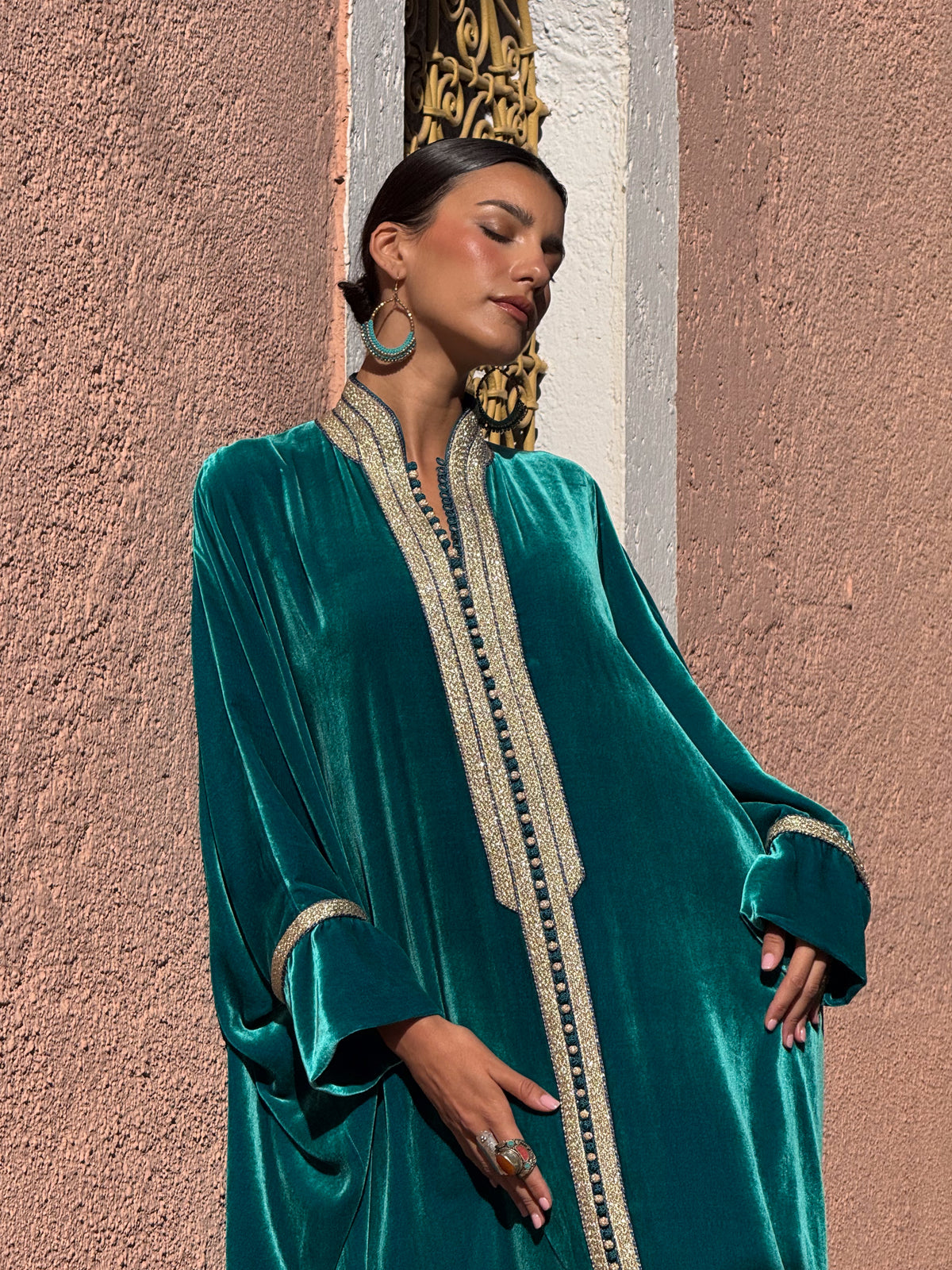 Attia Silk Velvet Kaftan – Turquoise – view 4