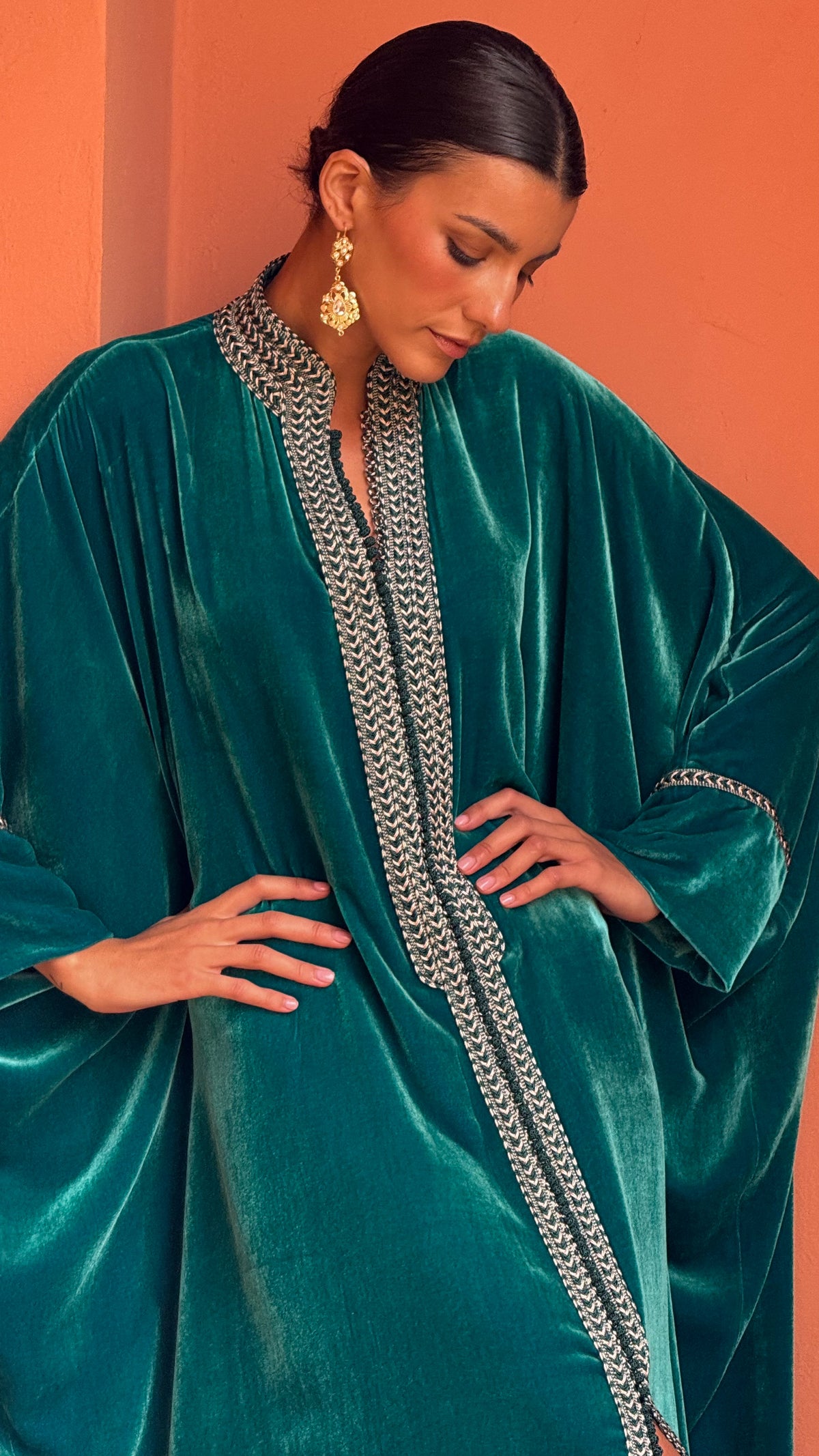 Awatif Silk Velvet Kaftan – Turquoise – view 3