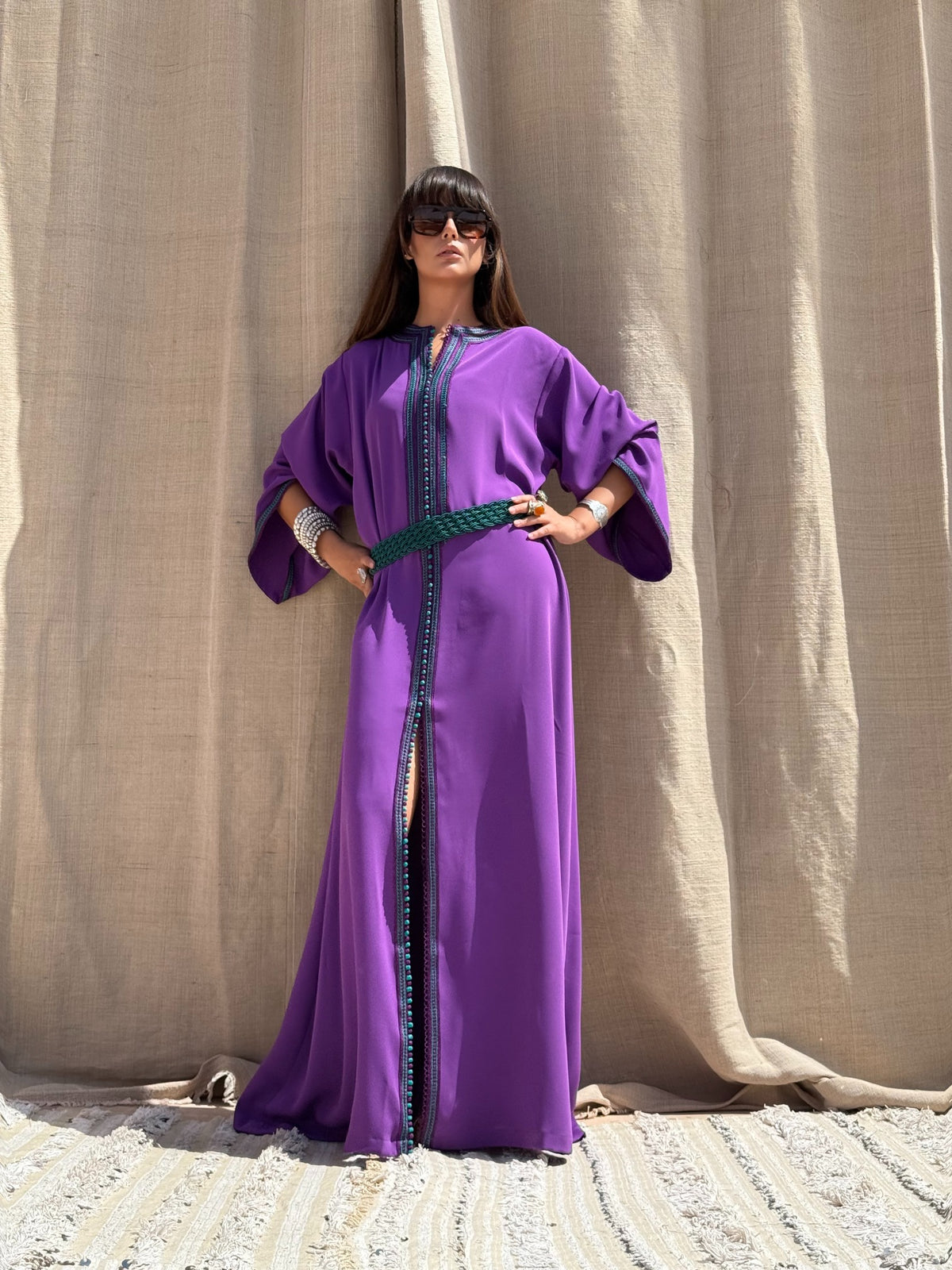 Basma purple kaftan with contrasting decorative trim; belt not included