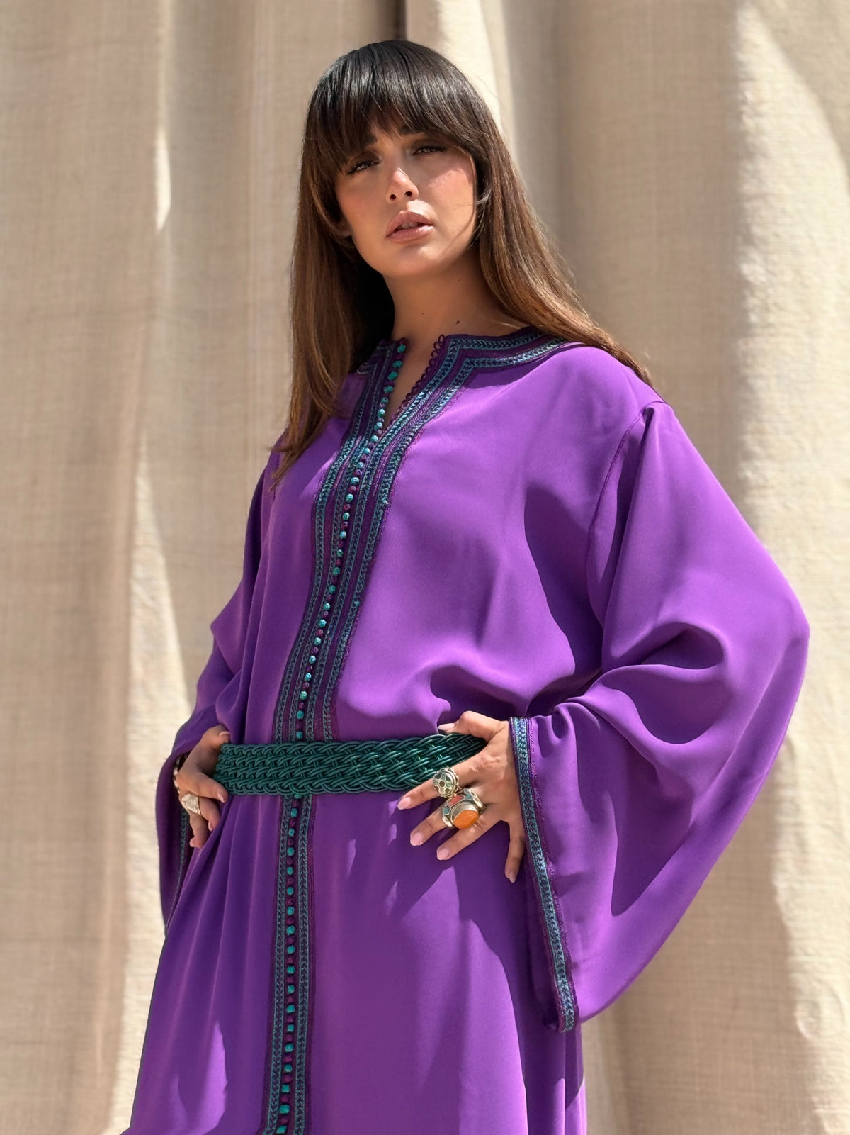 Basma purple kaftan, neckline detail; belt not included