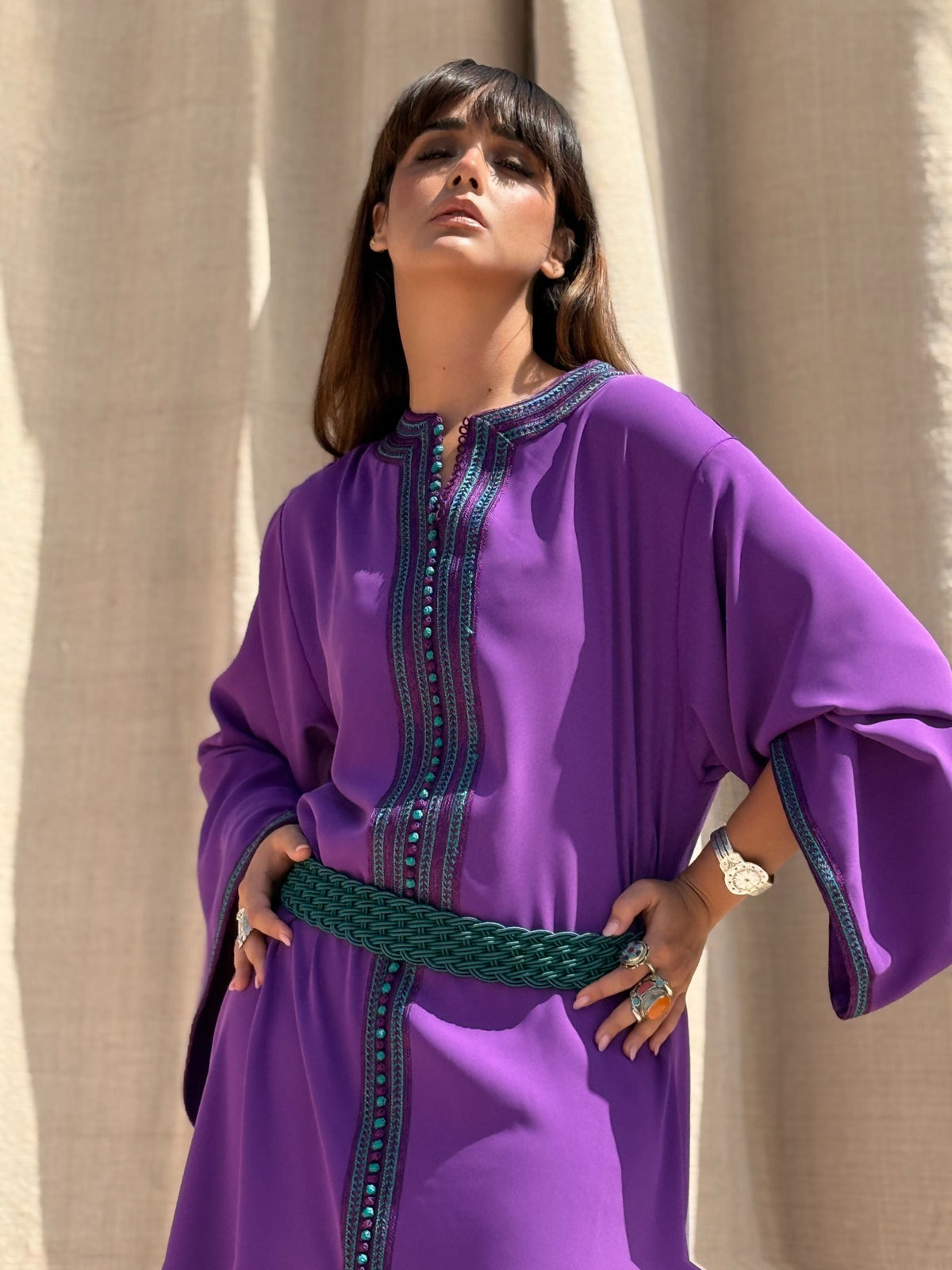 Basma kaftan contrasting trim and sleeve detail; belt not included