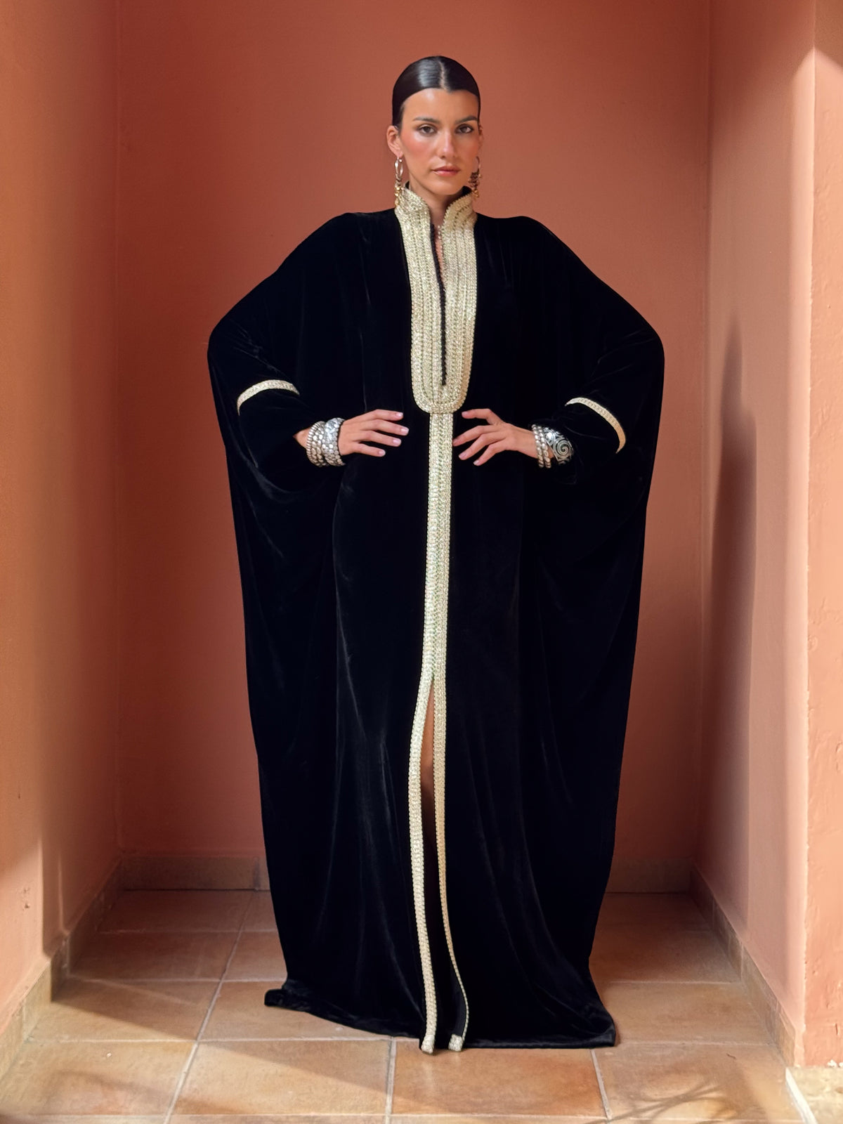 Dareen Silk Velvet Kaftan – Black – view 4