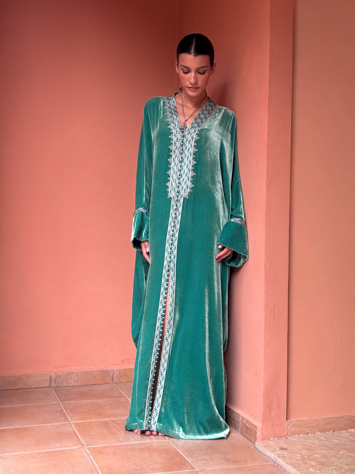 Durra Silk Velvet Kaftan – Turquoise – view 3