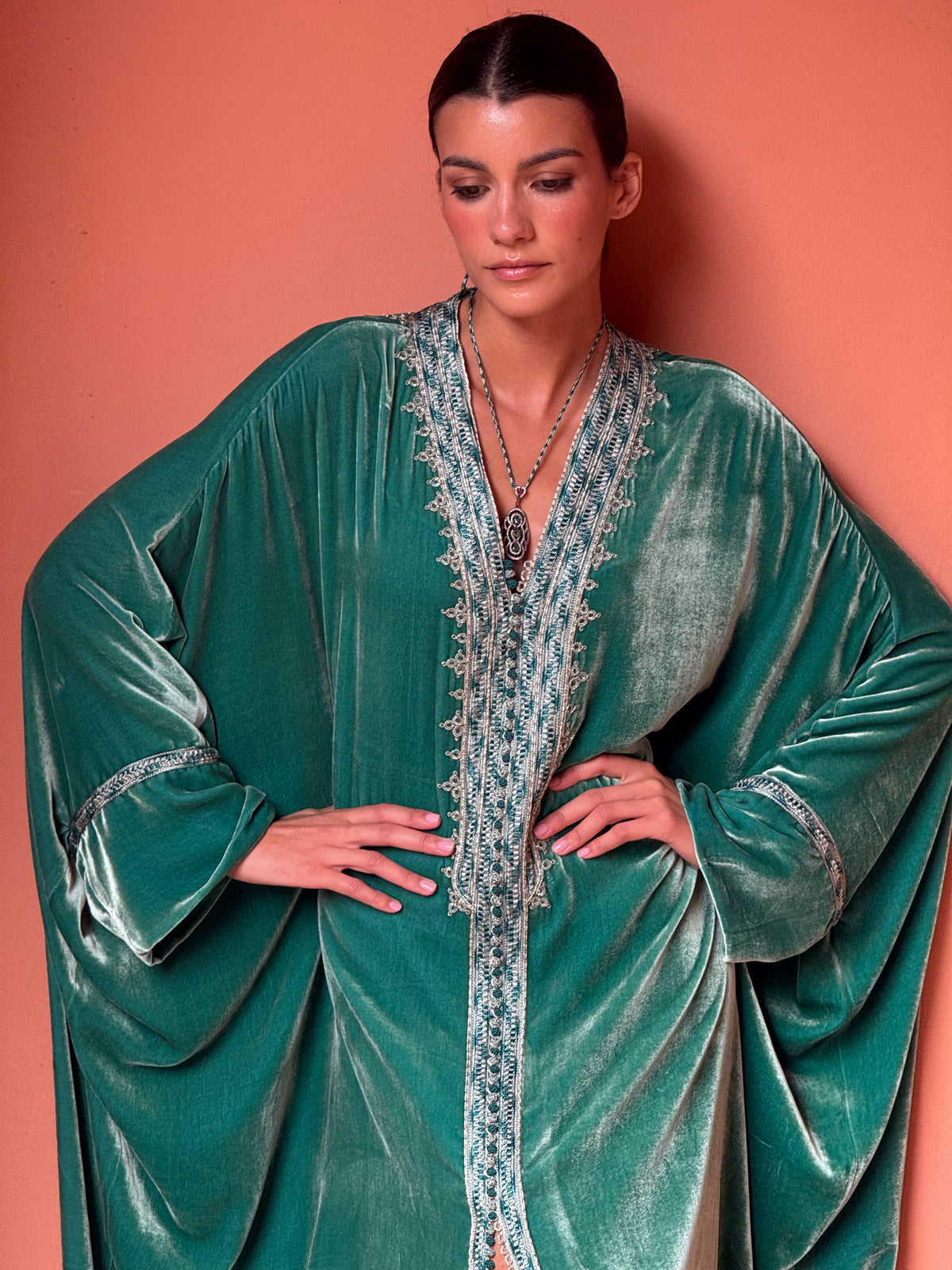 Durra Silk Velvet Kaftan – Turquoise – view 8