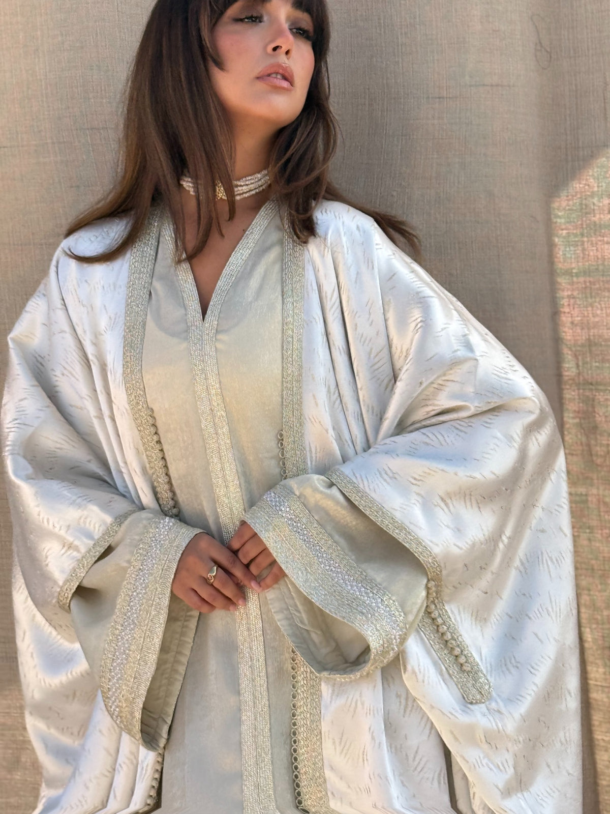Esme two-piece Kaftan in cream — sleeve view