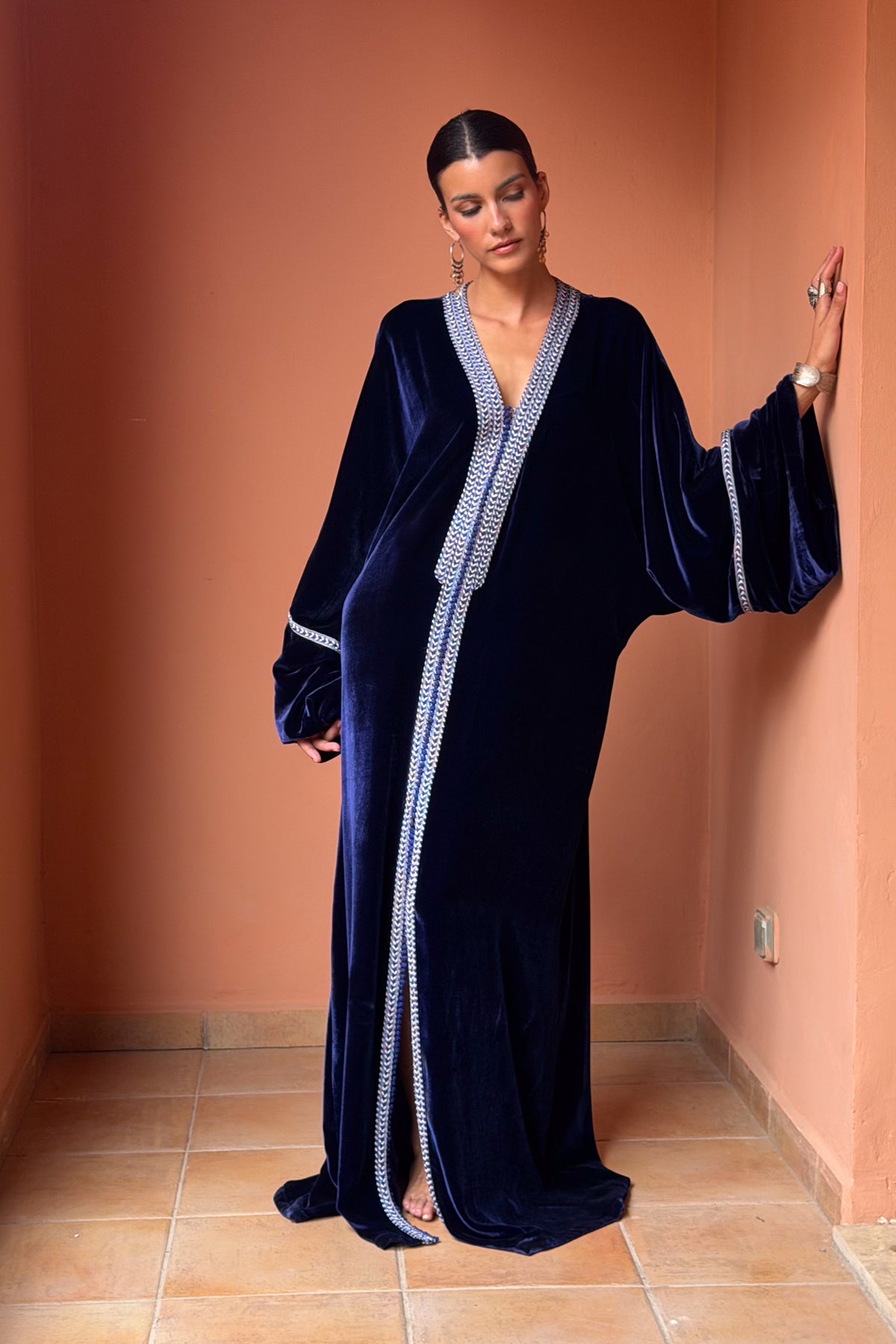 Fayha Silk Velvet Kaftan – Blue – view 3