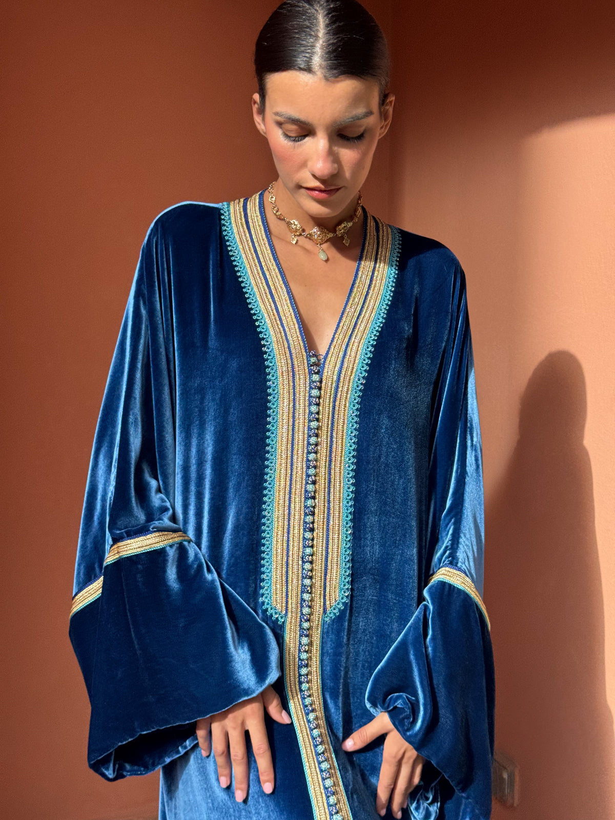 Ghala Silk Velvet Kaftan – Blue – view 1